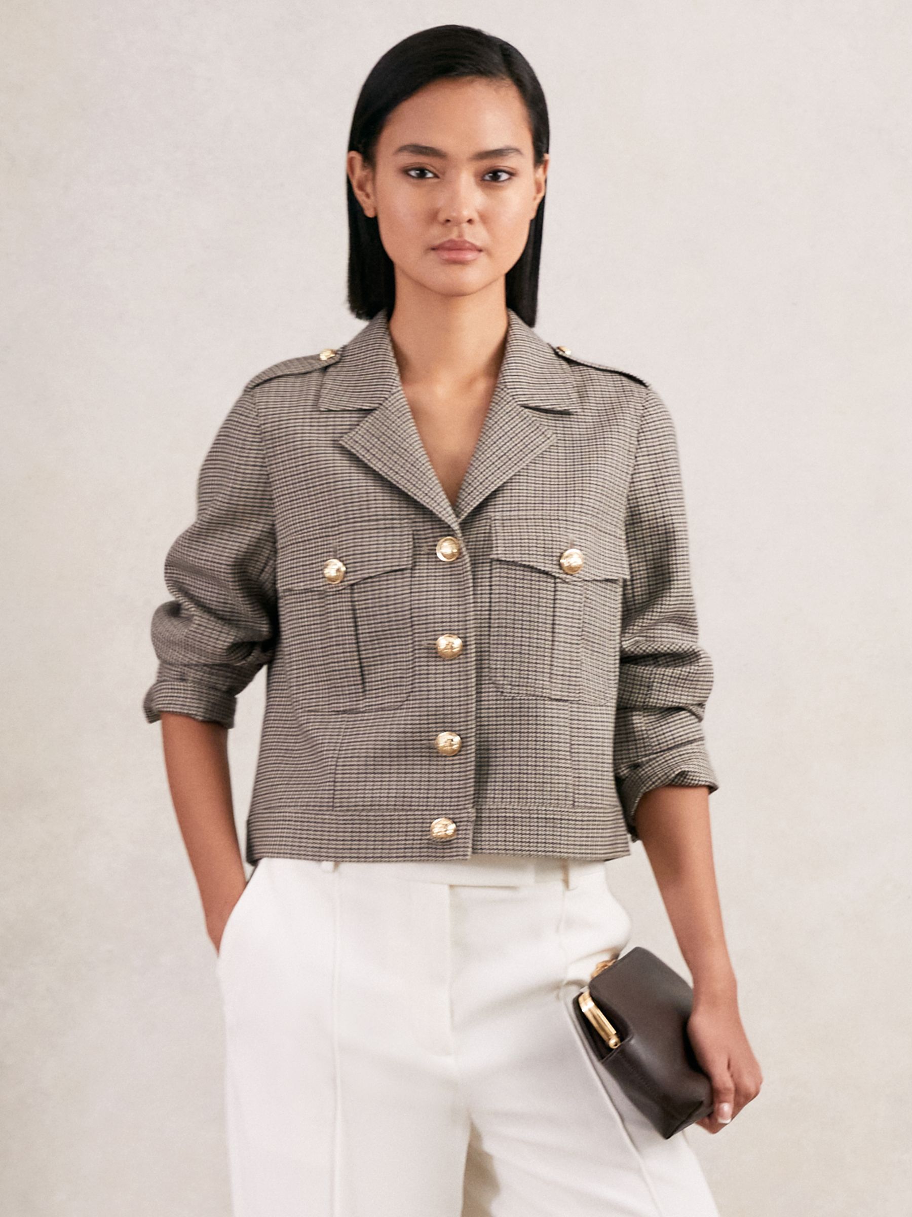 Wool Twin-Pocket Cropped Jacket in Neutral Check
