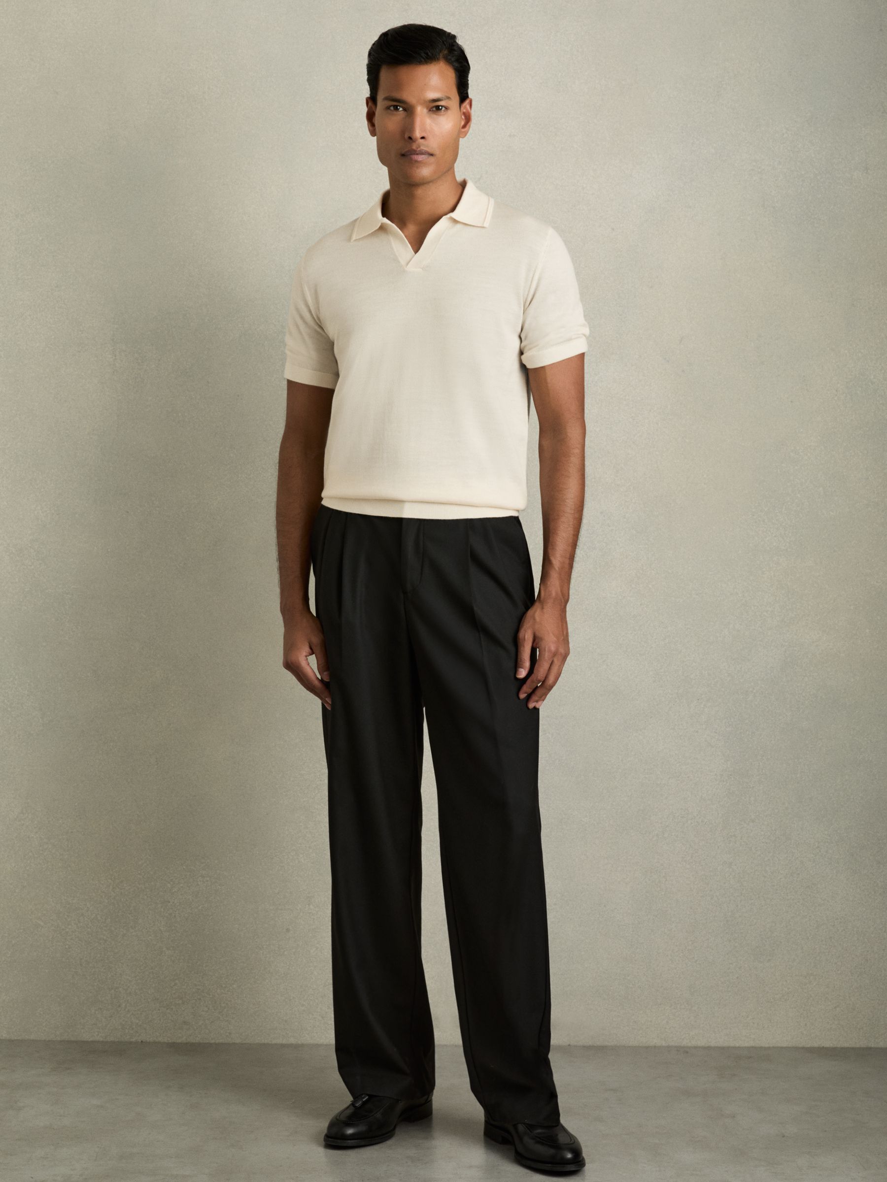 Merino Wool Open Collar Polo Shirt in Snow White