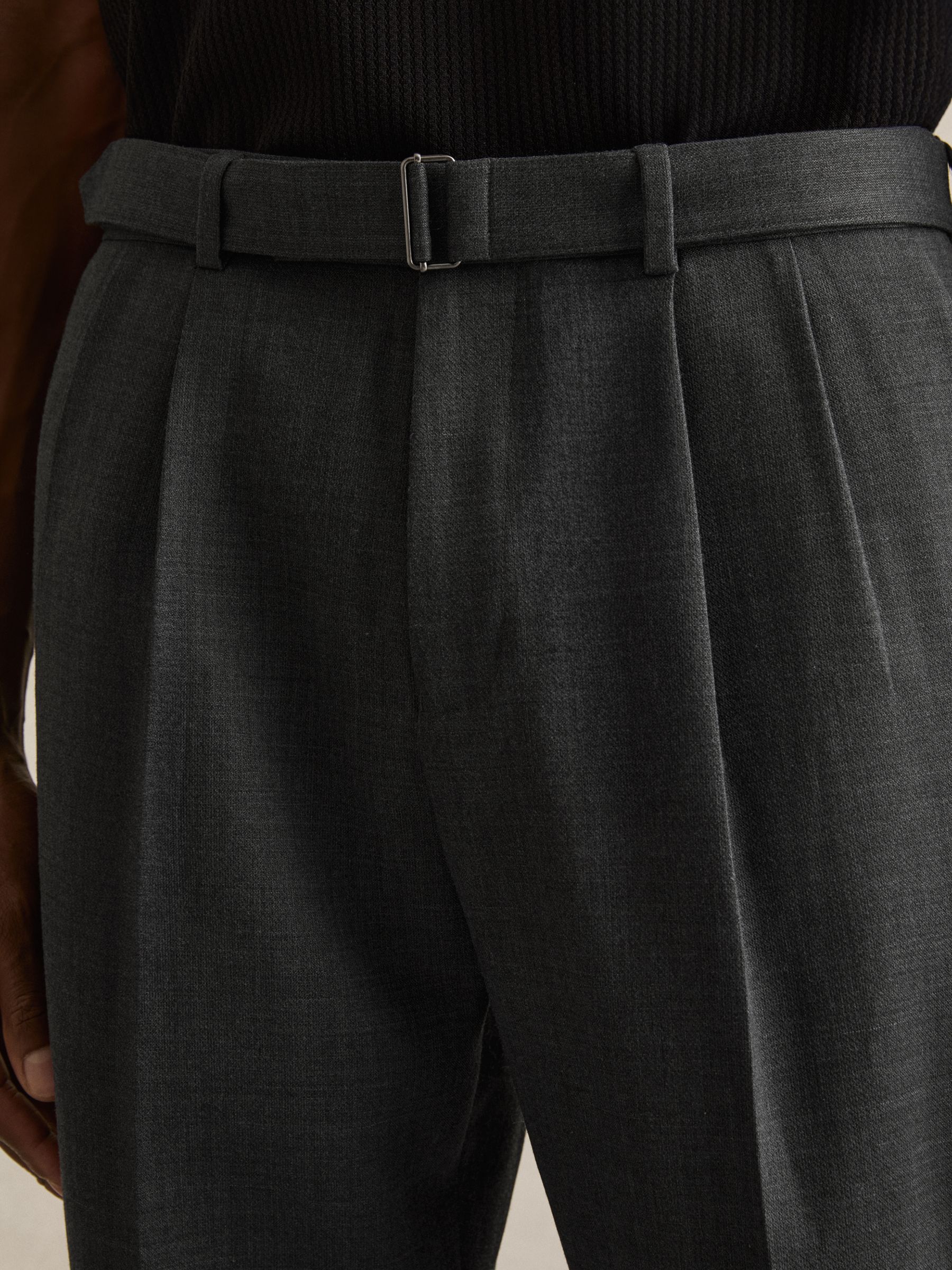 Wool-Blend Belted Trousers in Charcoal Grey
