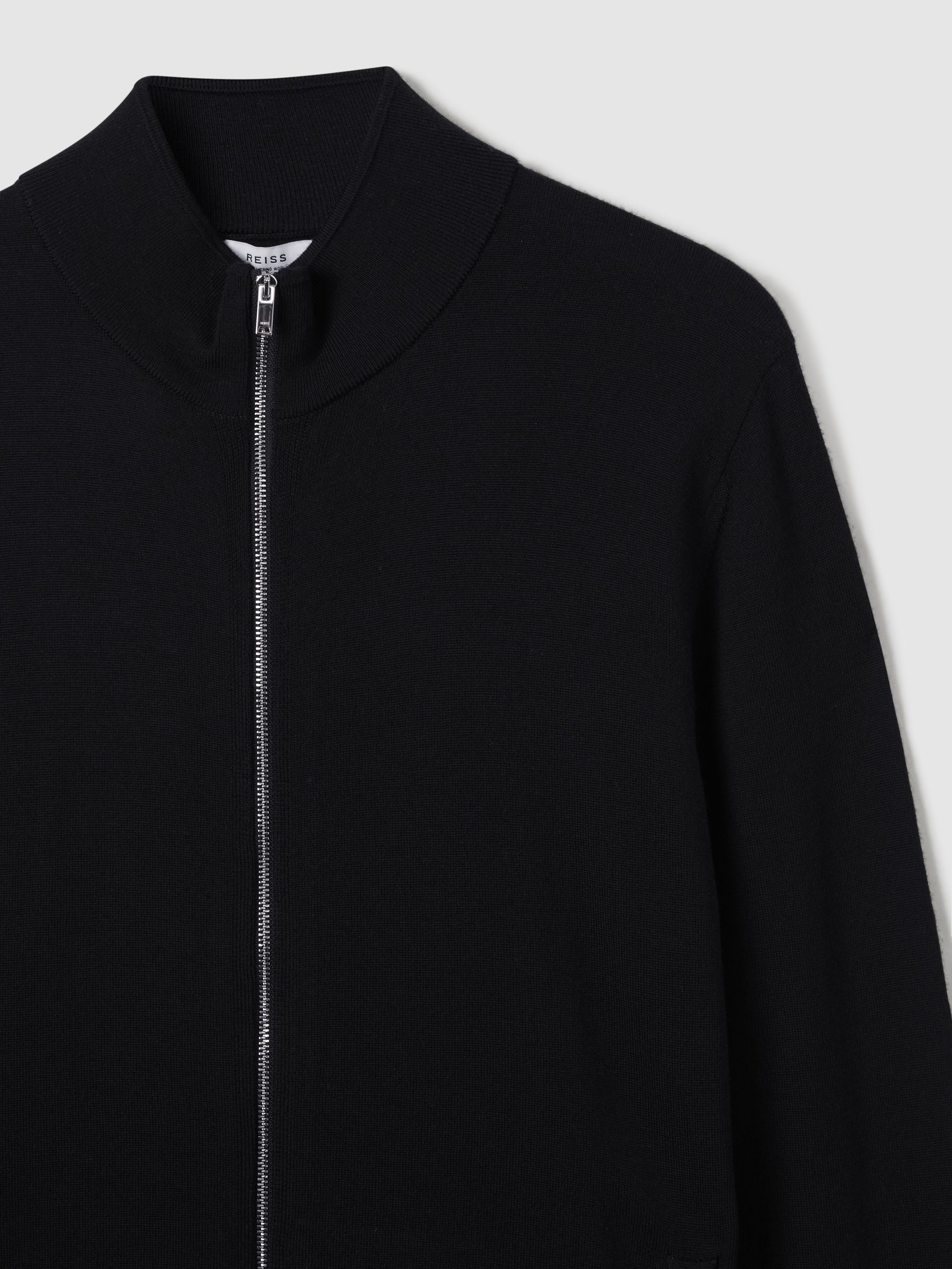 Merino Wool Zip-Through Cardigan in Black