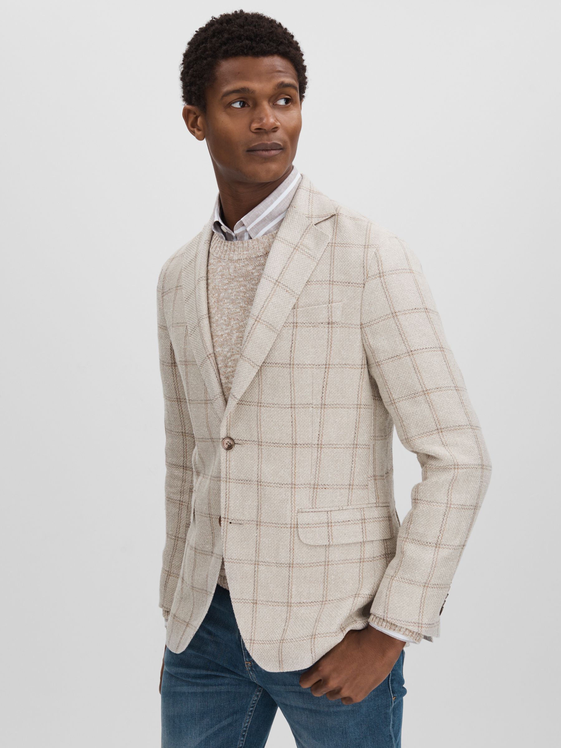 Oscar Jacobson Linen Blend Single Breasted Check Blazer in Cream