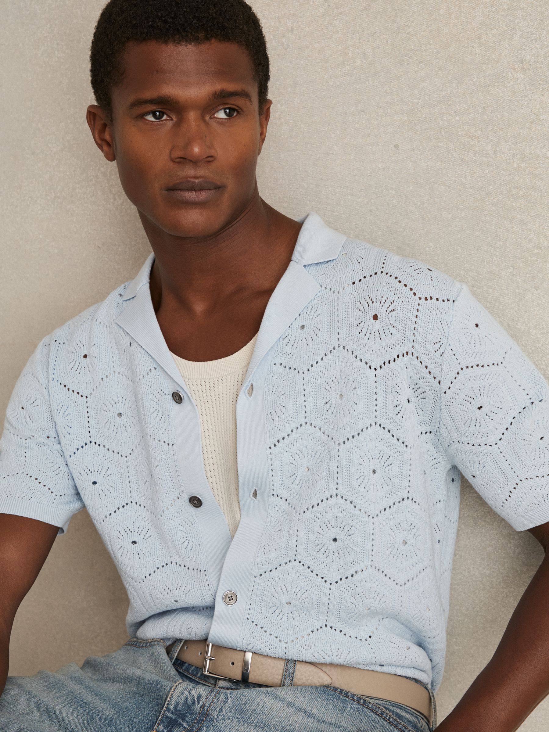 Pointelle Button-Through Shirt in Soft Blue