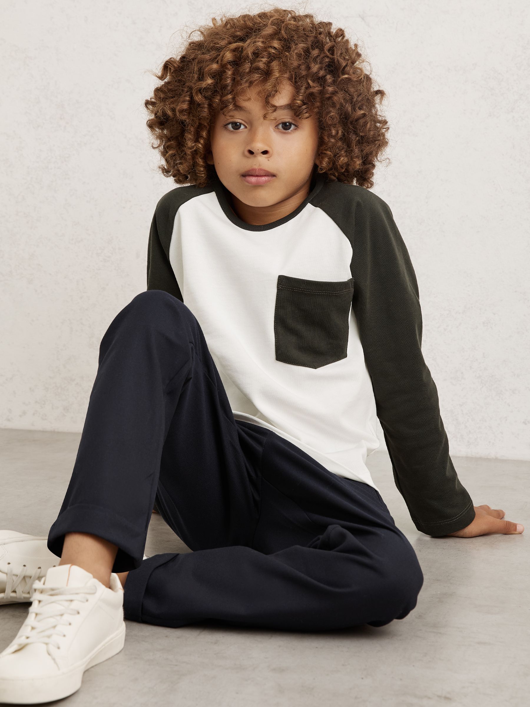 13-14 yrs Cotton Colour-Block Long-Sleeve T-Shirt in Green