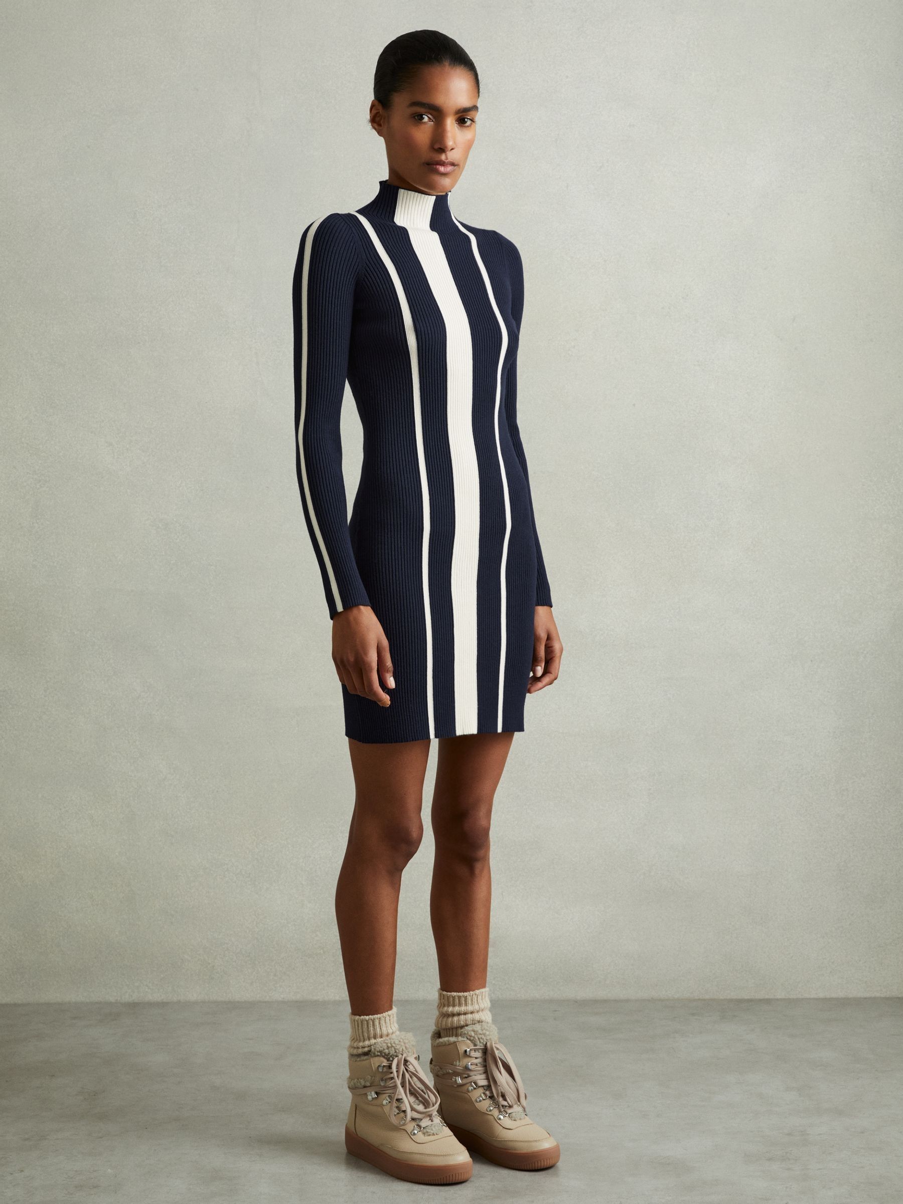 Ribbed Striped Mini Dress in Navy/Ivory