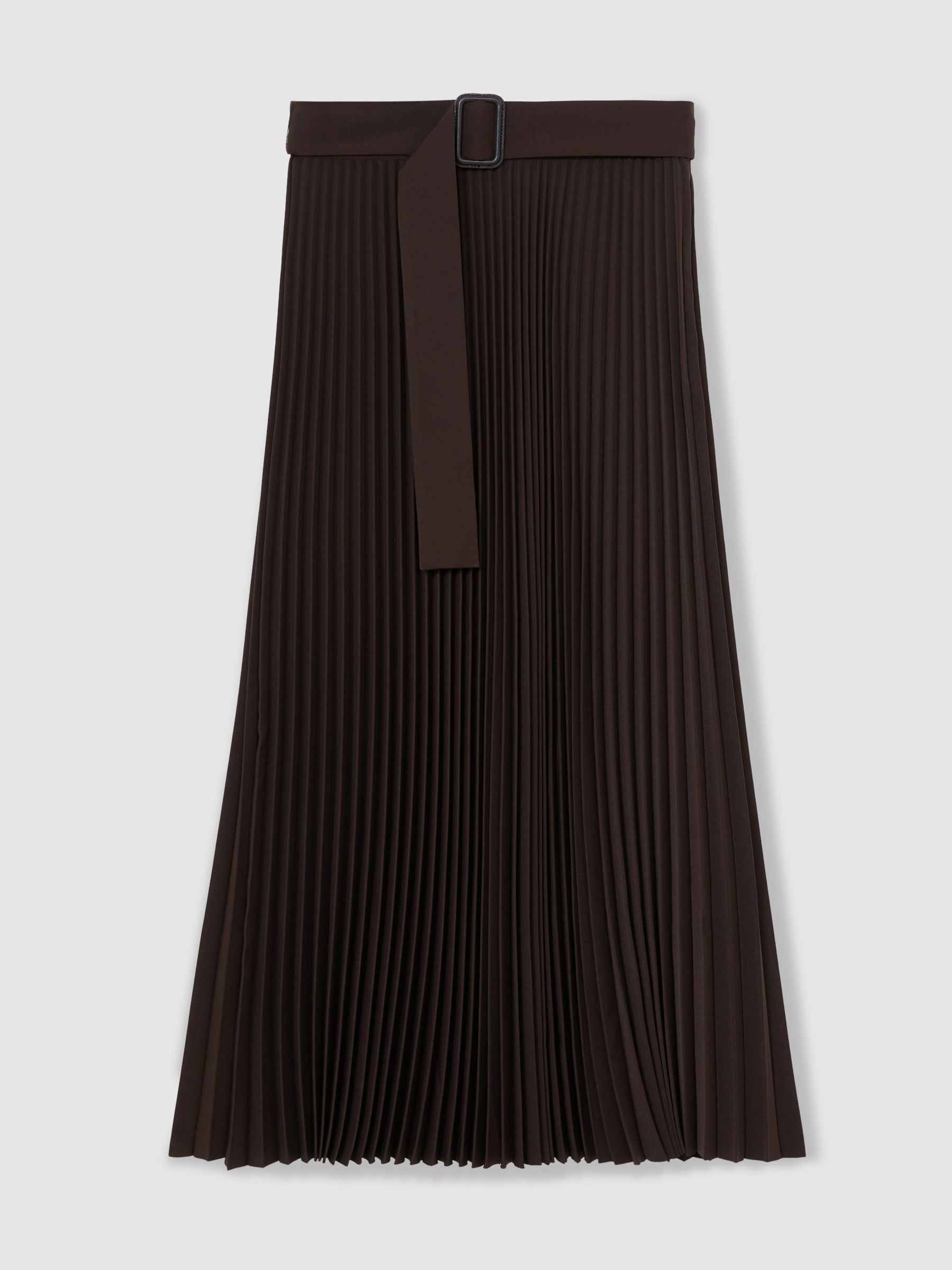 Pleated Belted Midi Skirt in Chocolate Brown