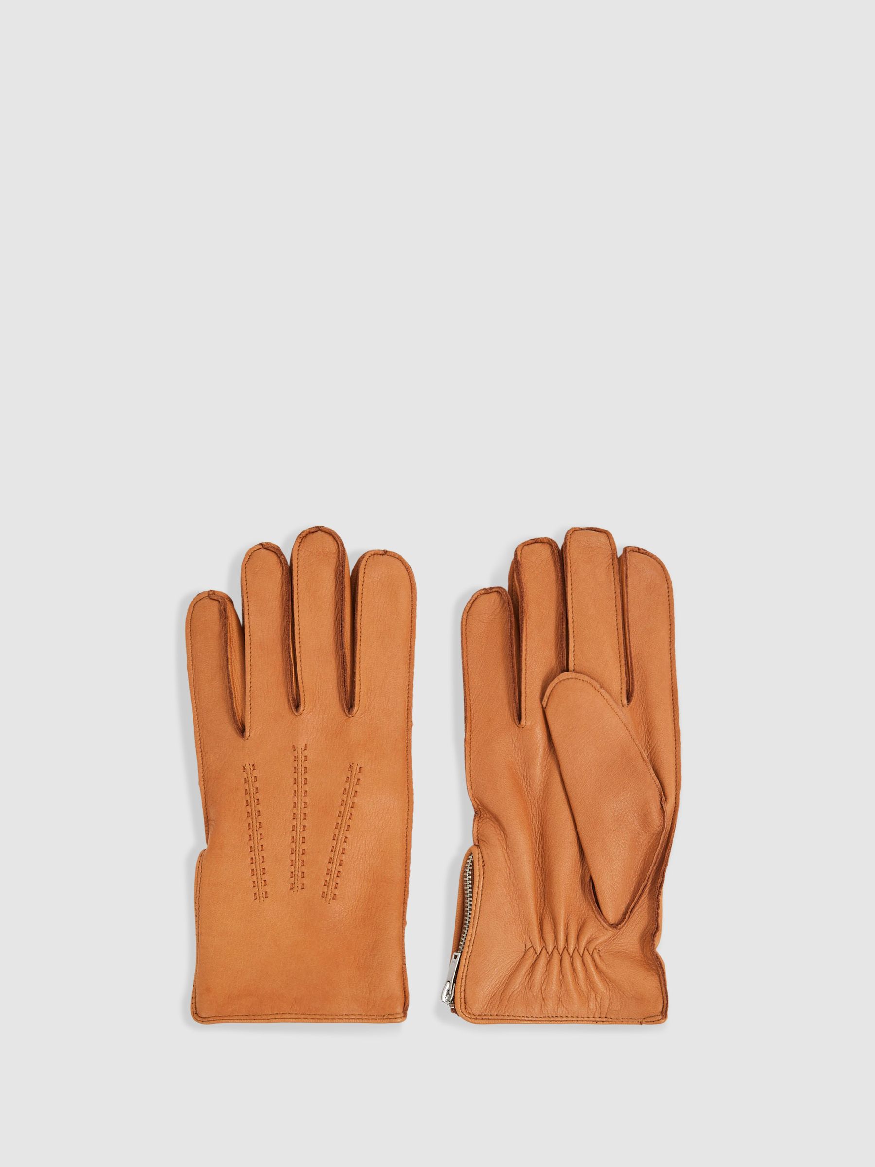 Leather Zip-Side Gloves in Tan