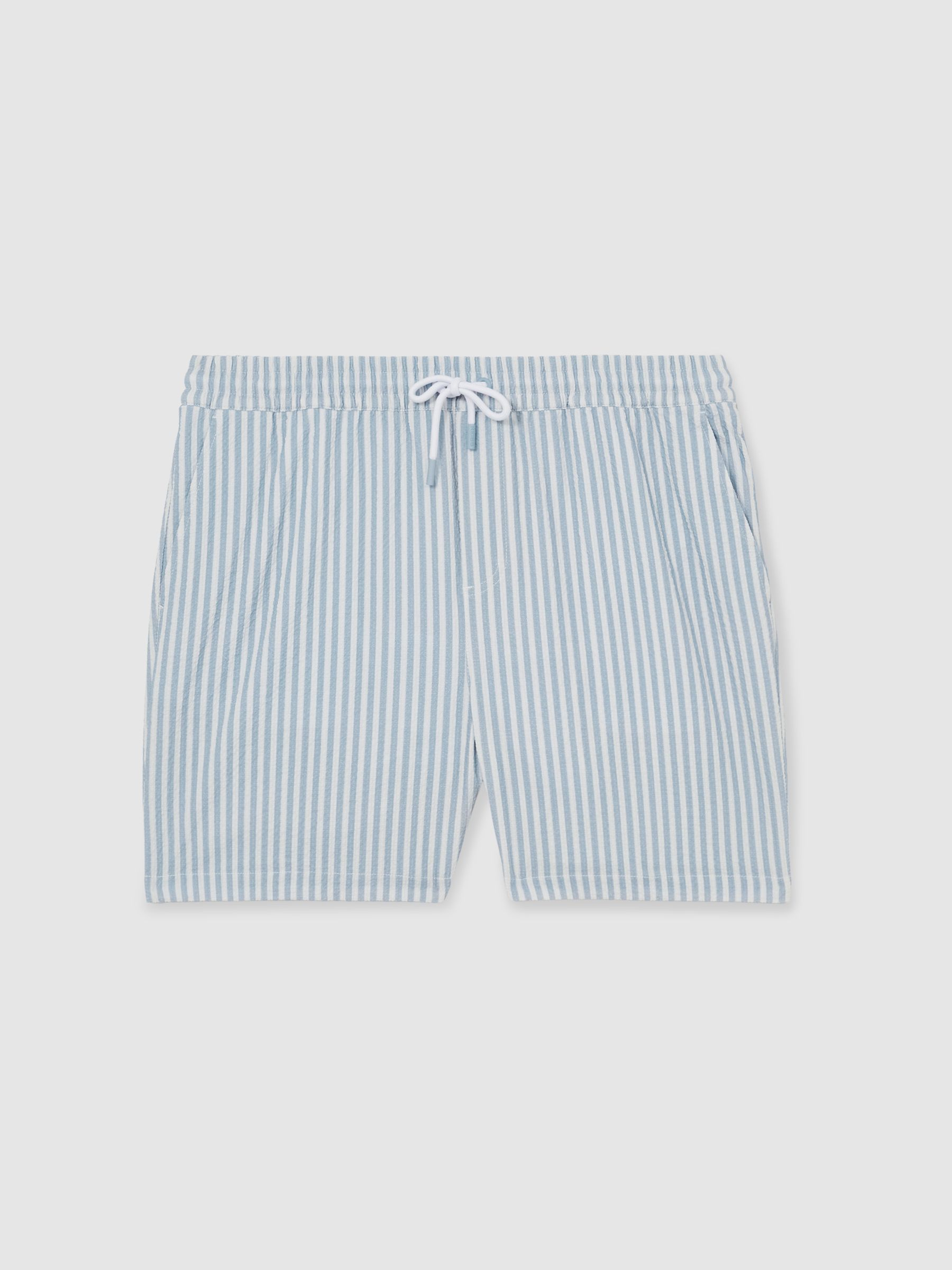 Seersucker Stripe Swim Shorts in Soft Blue/White