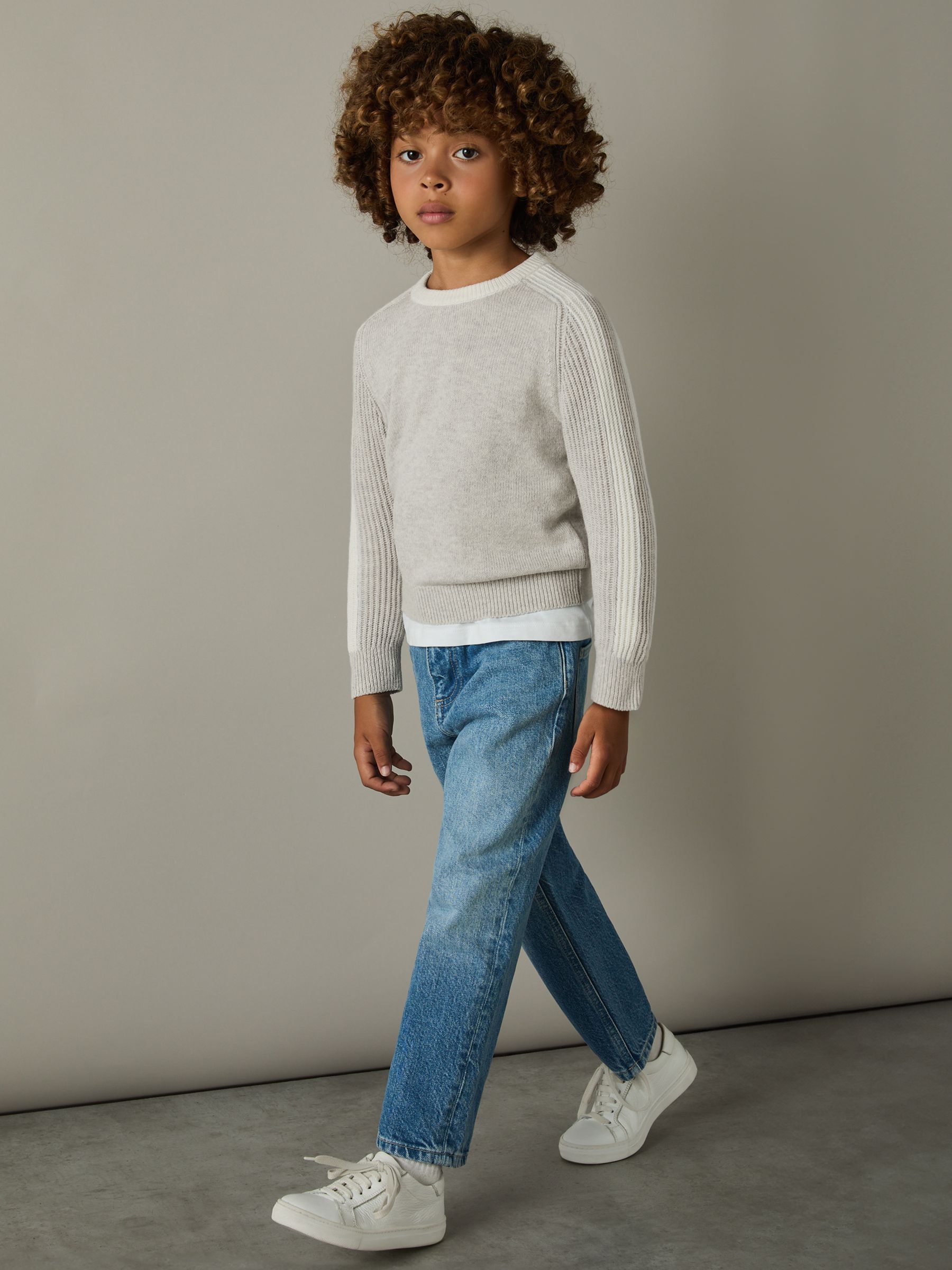 4-9 yrs Ribbed-Sleeve Jumper with Cotton and Wool in Grey/White
