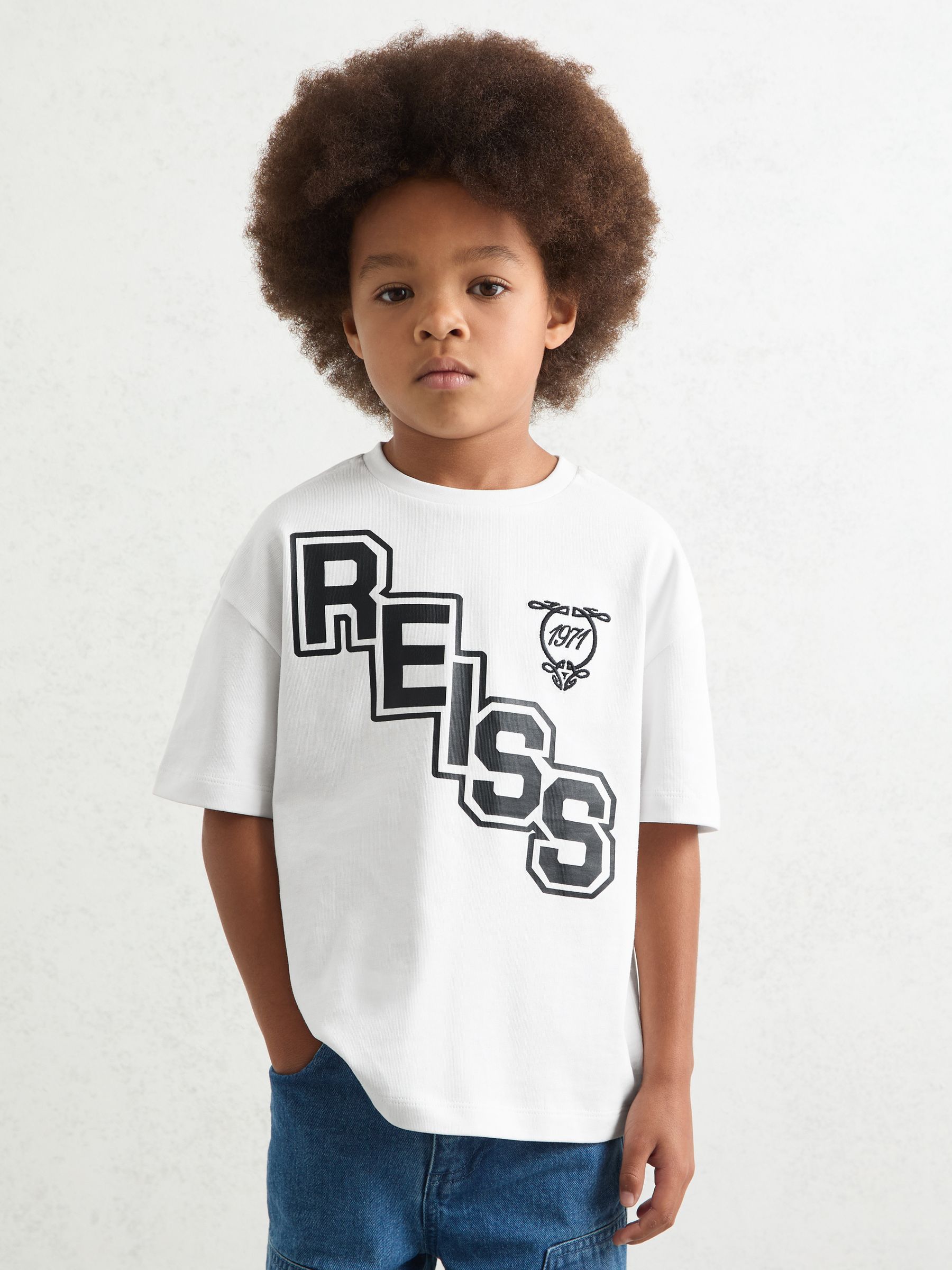 13-14 yrs Cotton Oversized Logo T-Shirt in White/Navy