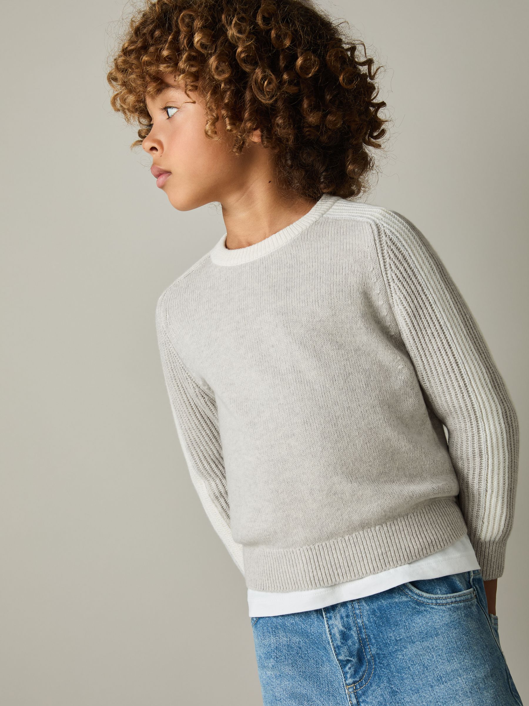 4-9 yrs Ribbed-Sleeve Jumper with Cotton and Wool in Grey/White