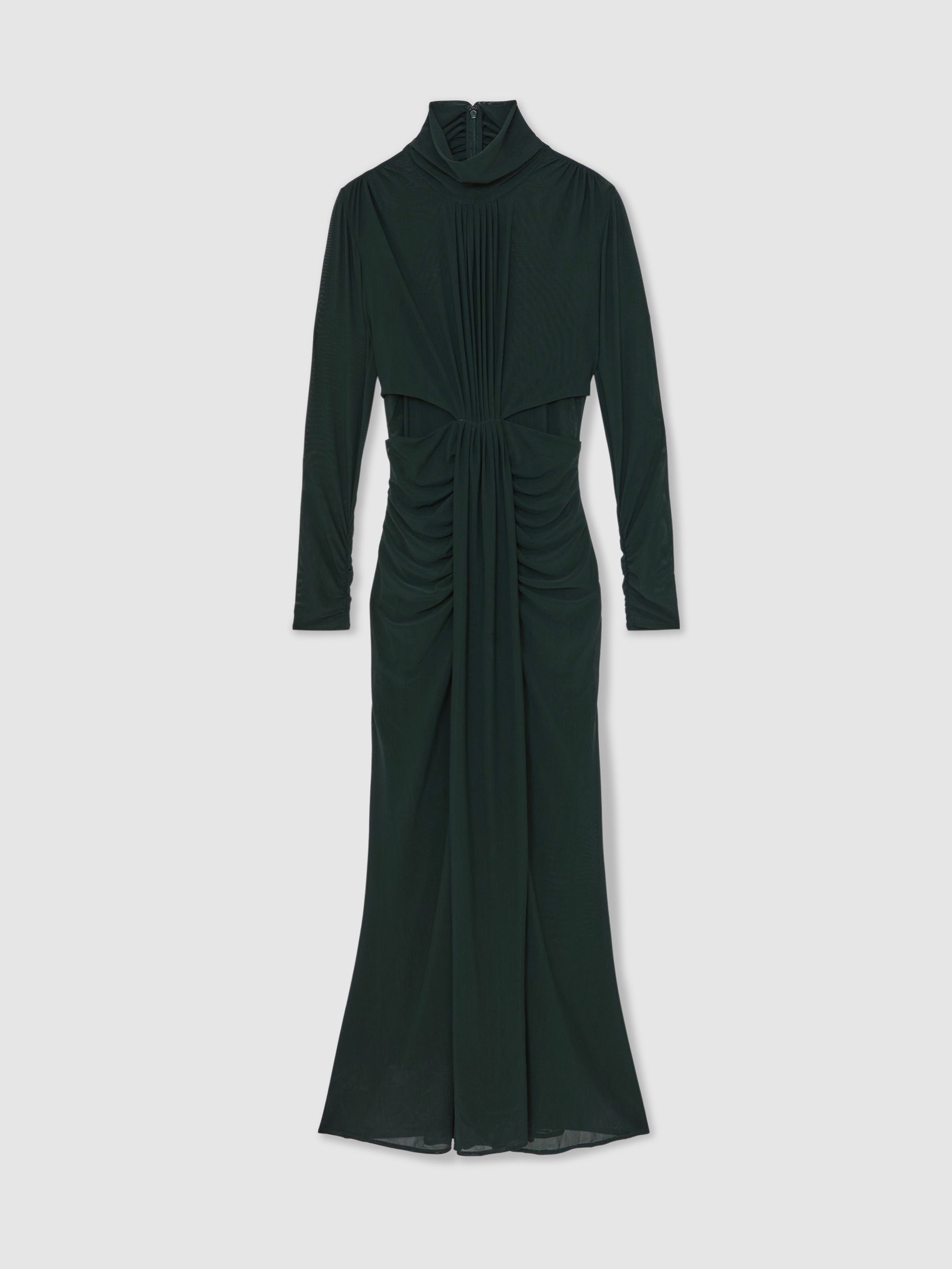 Ruched Long-Sleeve Maxi Dress in Dark Green