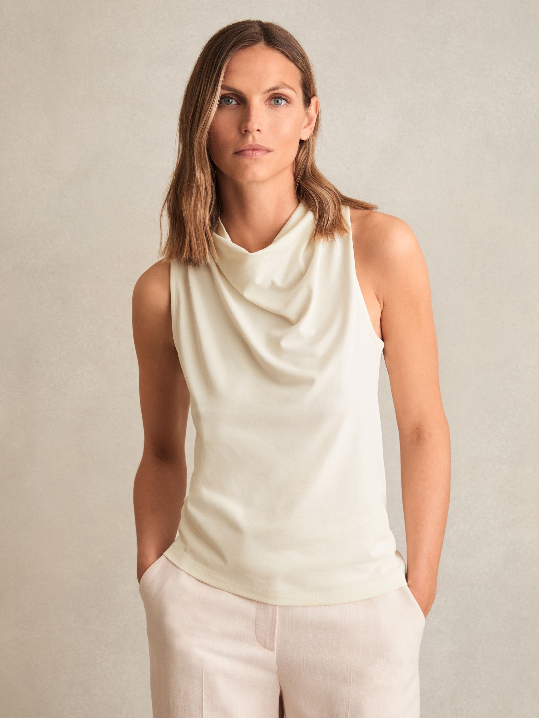 Cotton-Blend Cowl-Neck Sleeveless Top in Ivory