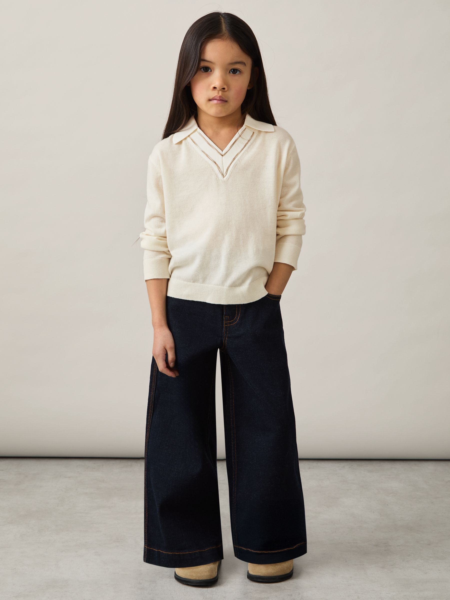 9-13 yrs Wool Collared Cricket Jumper in Ivory