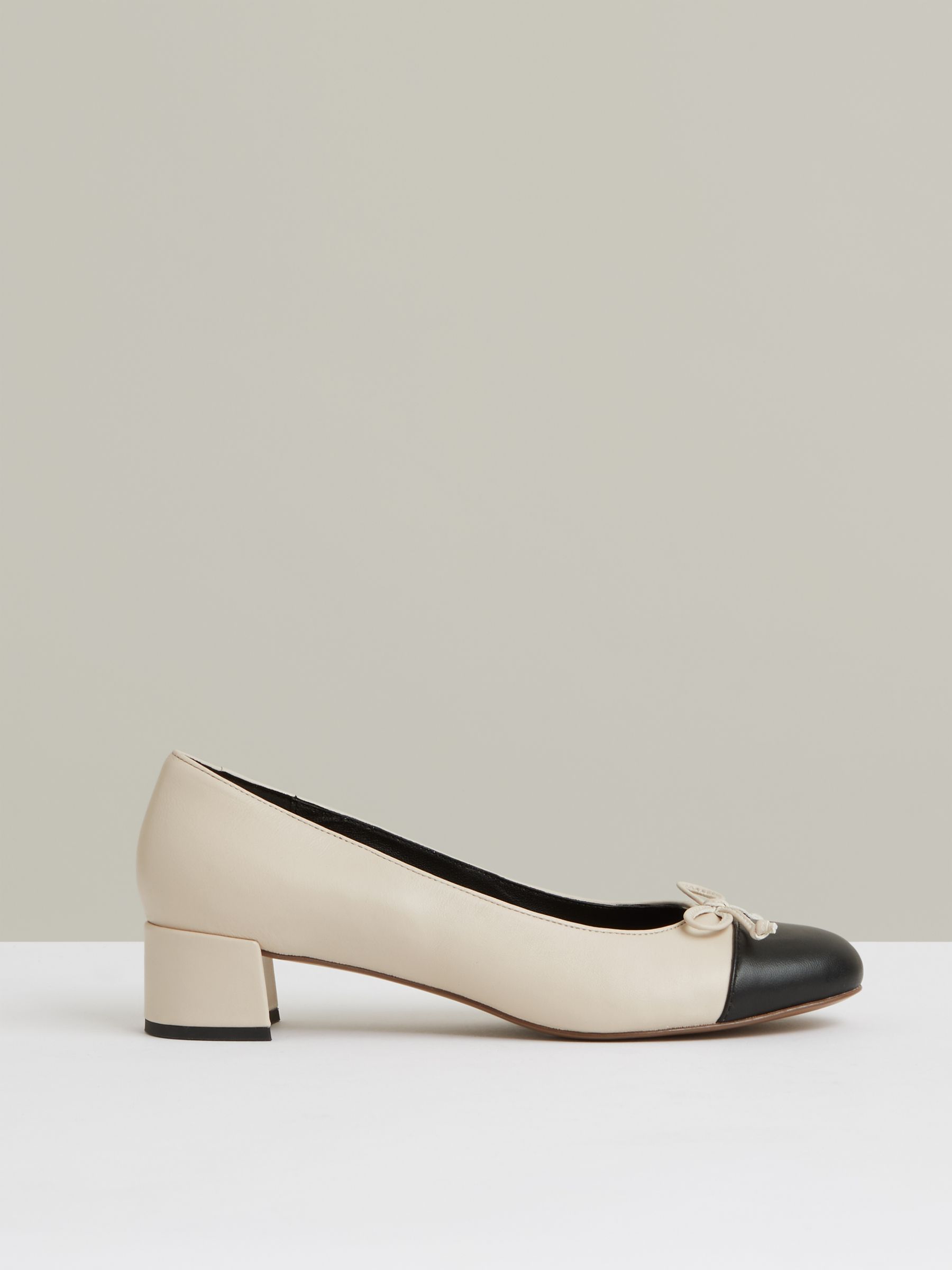 Leather Block Heel Ballerina Shoes in White/Black