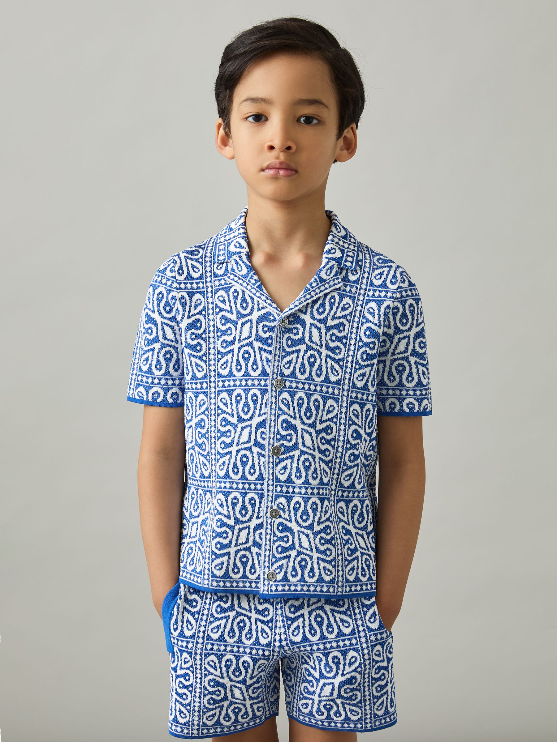 9-13 yrs Tile Pattern Knit Shirt in Blue/White