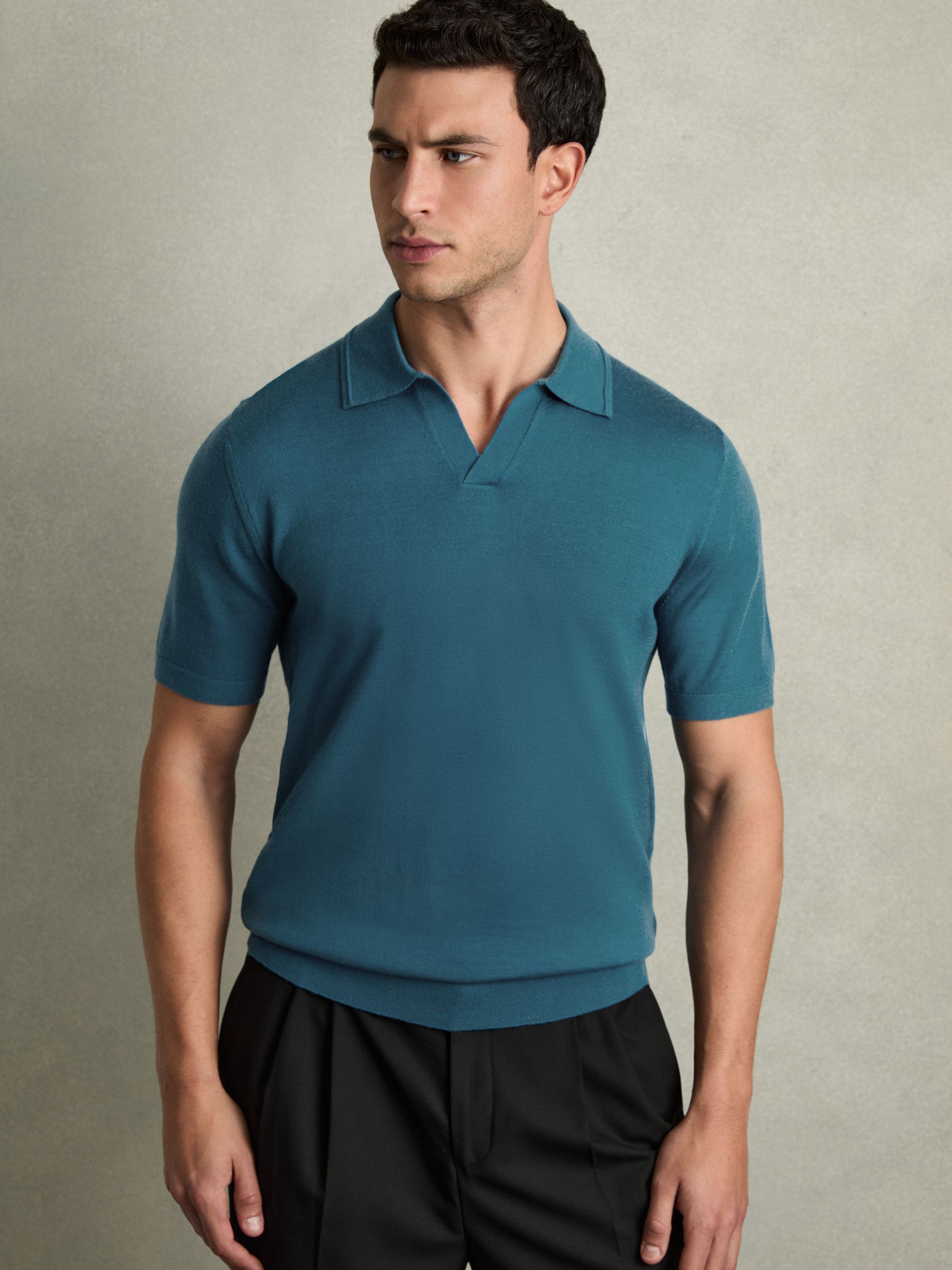 Merino Wool Open Collar Polo Shirt in Deep Teal Blue