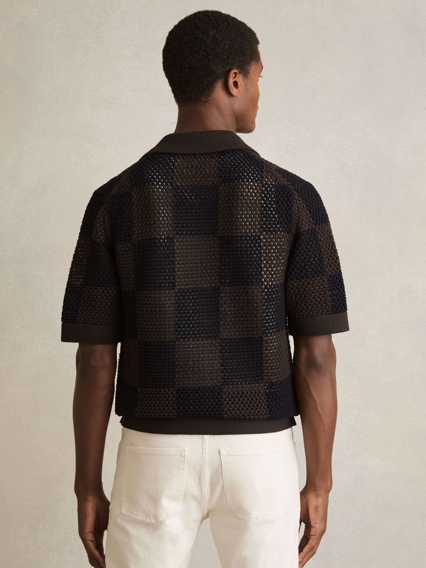 Cotton Chequerboard Crochet Shirt in Chocolate/Navy