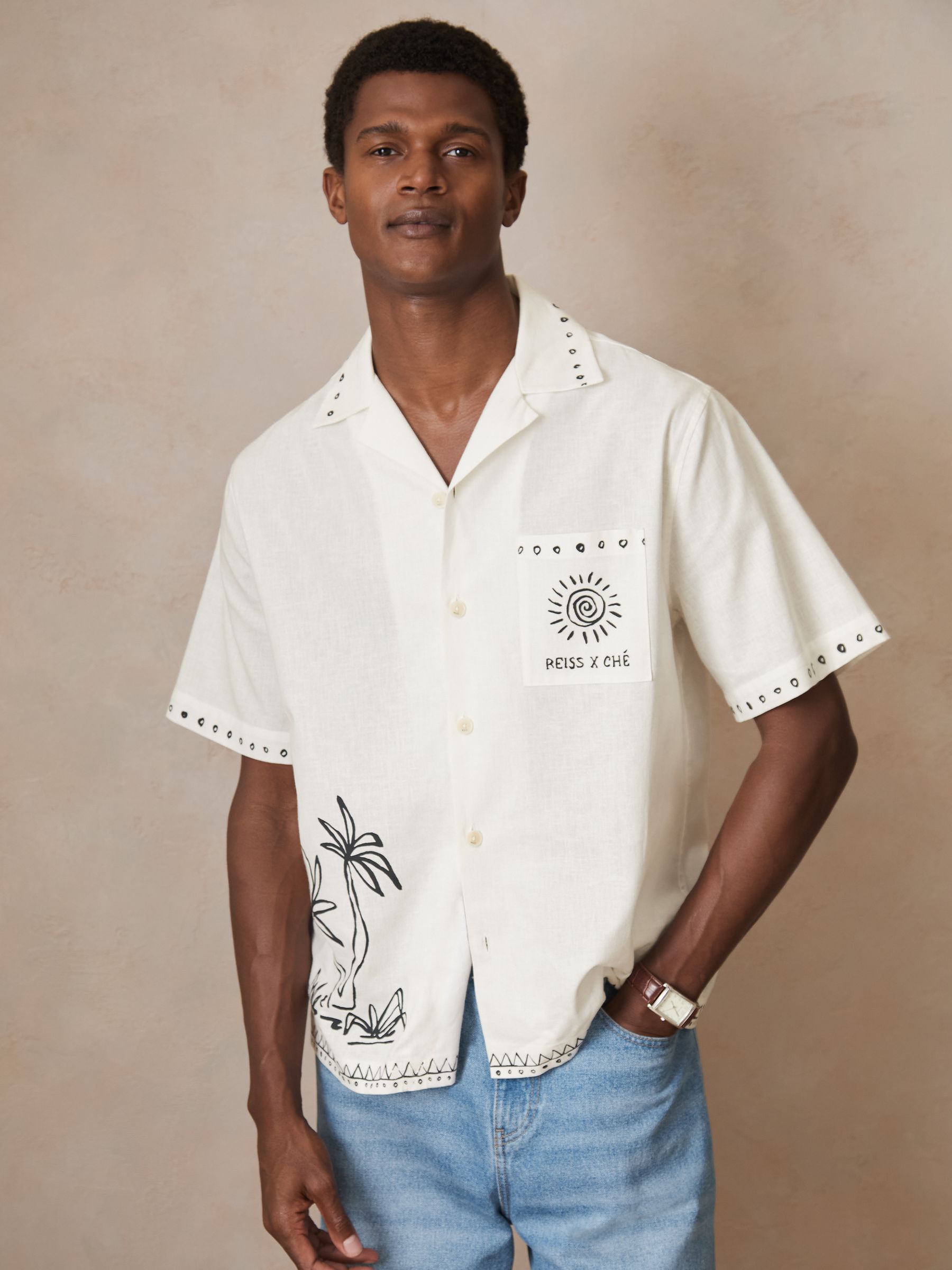 Reiss | Ché Cotton-Linen Palm Shirt in White