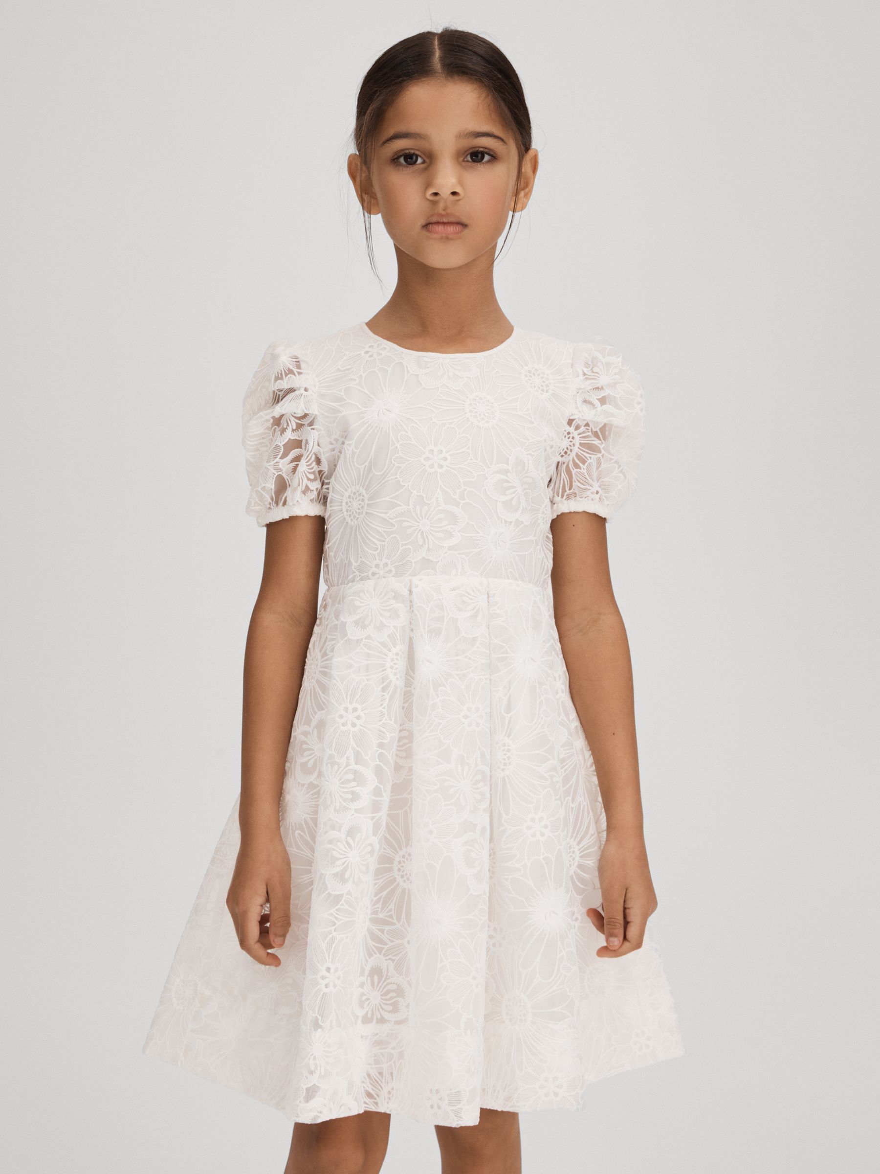 4-9 yrs Lace Puff Sleeve Dress in Ivory