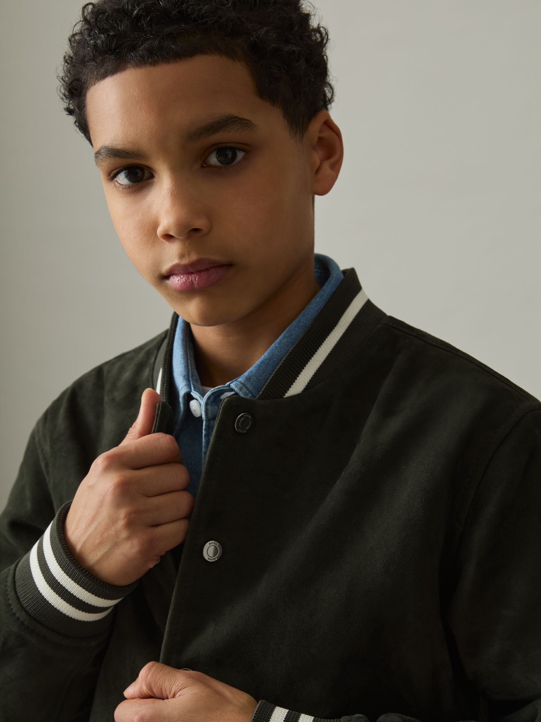 9-13 yrs Suede Varsity Bomber Jacket in Dark Green