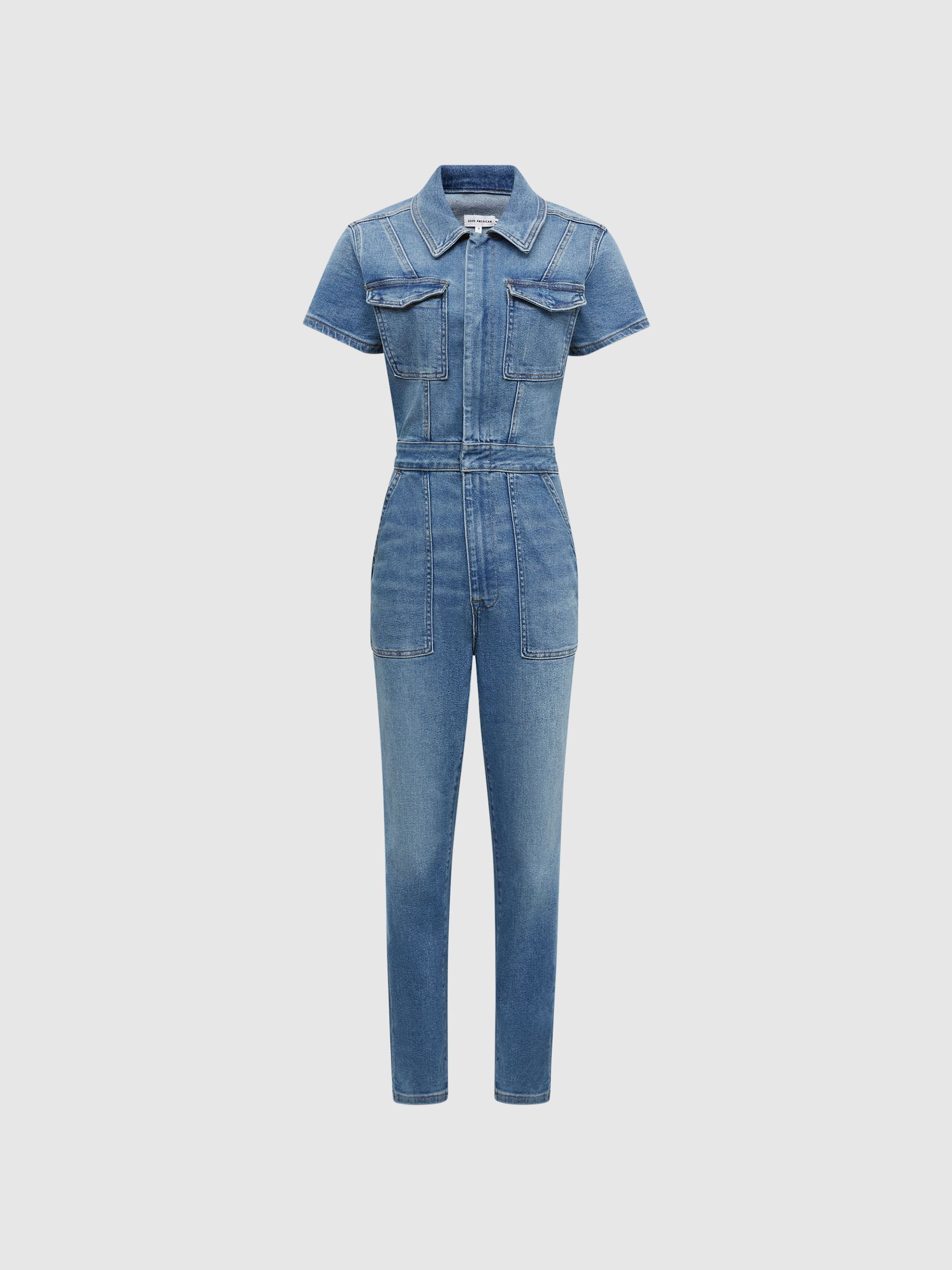 Good American Denim Skinny Jumpsuit in Mid Blue