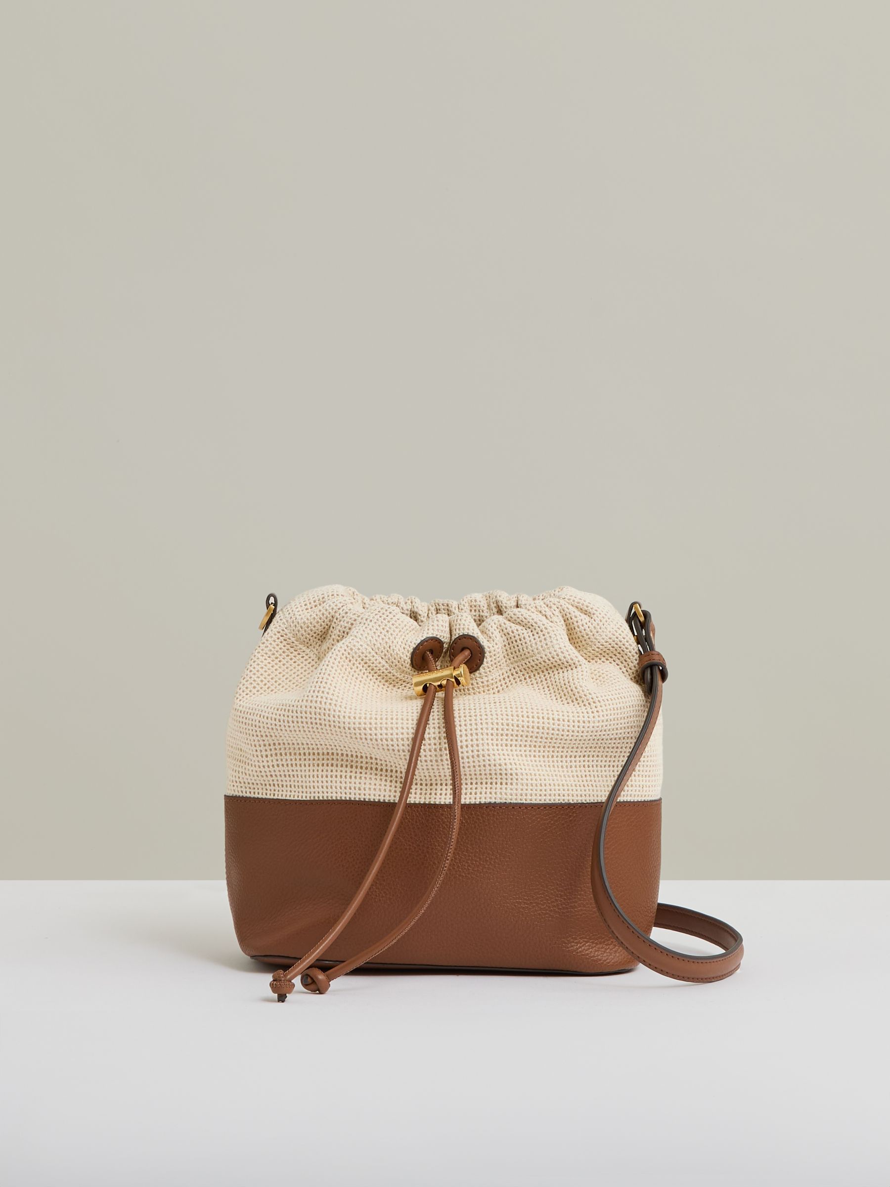 Leather And Canvas Bucket Bag in Neutral