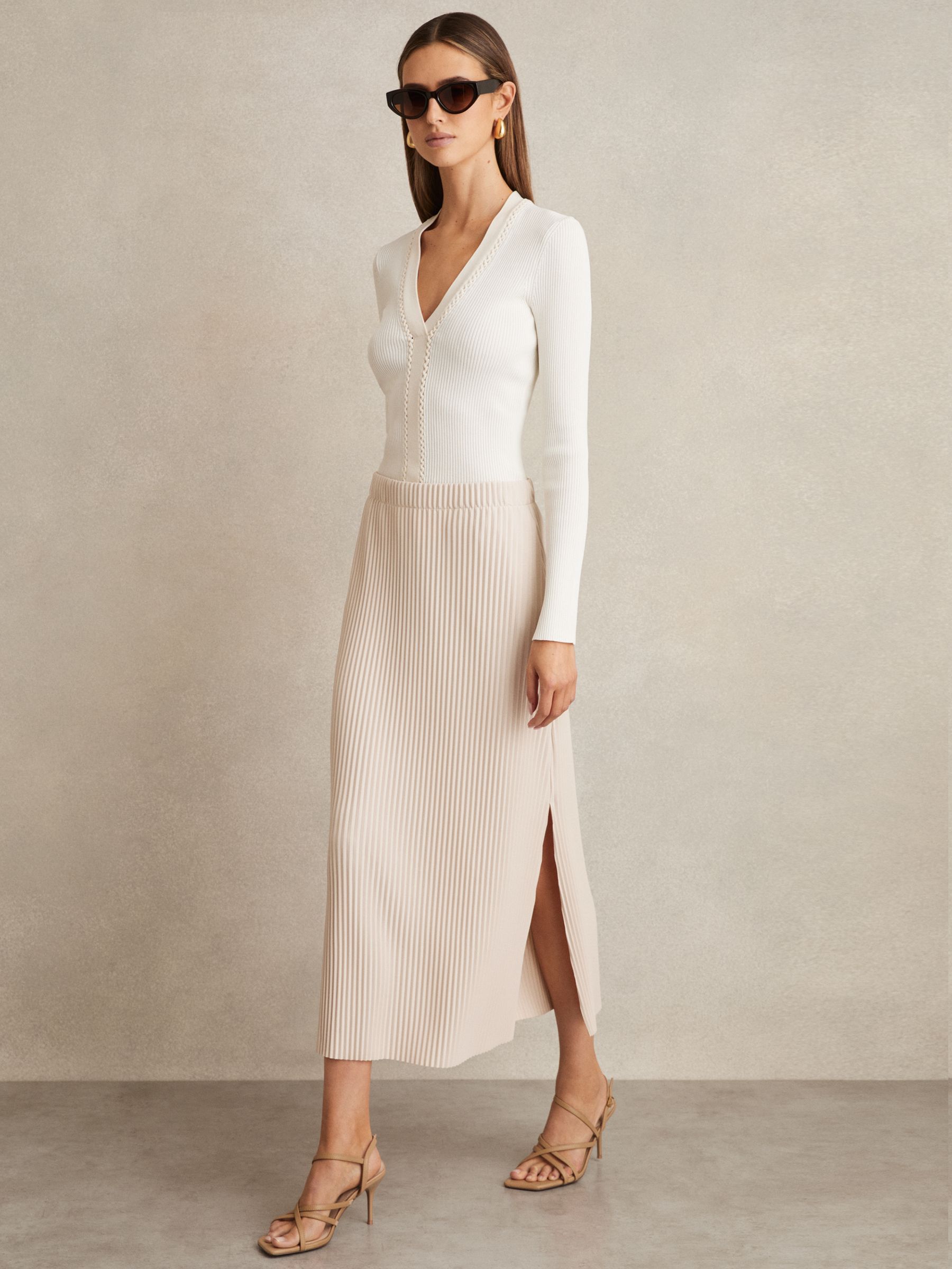 Pleated Jersey Midi Skirt in Stone