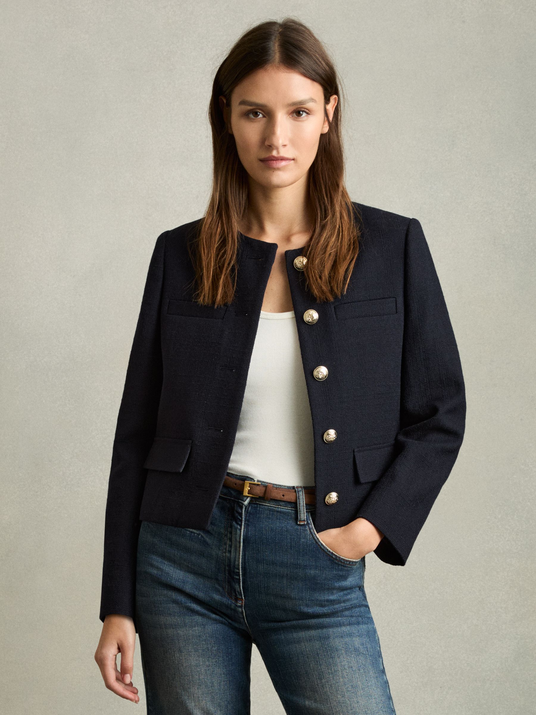 Cropped Wool Single Breasted Jacket in Navy