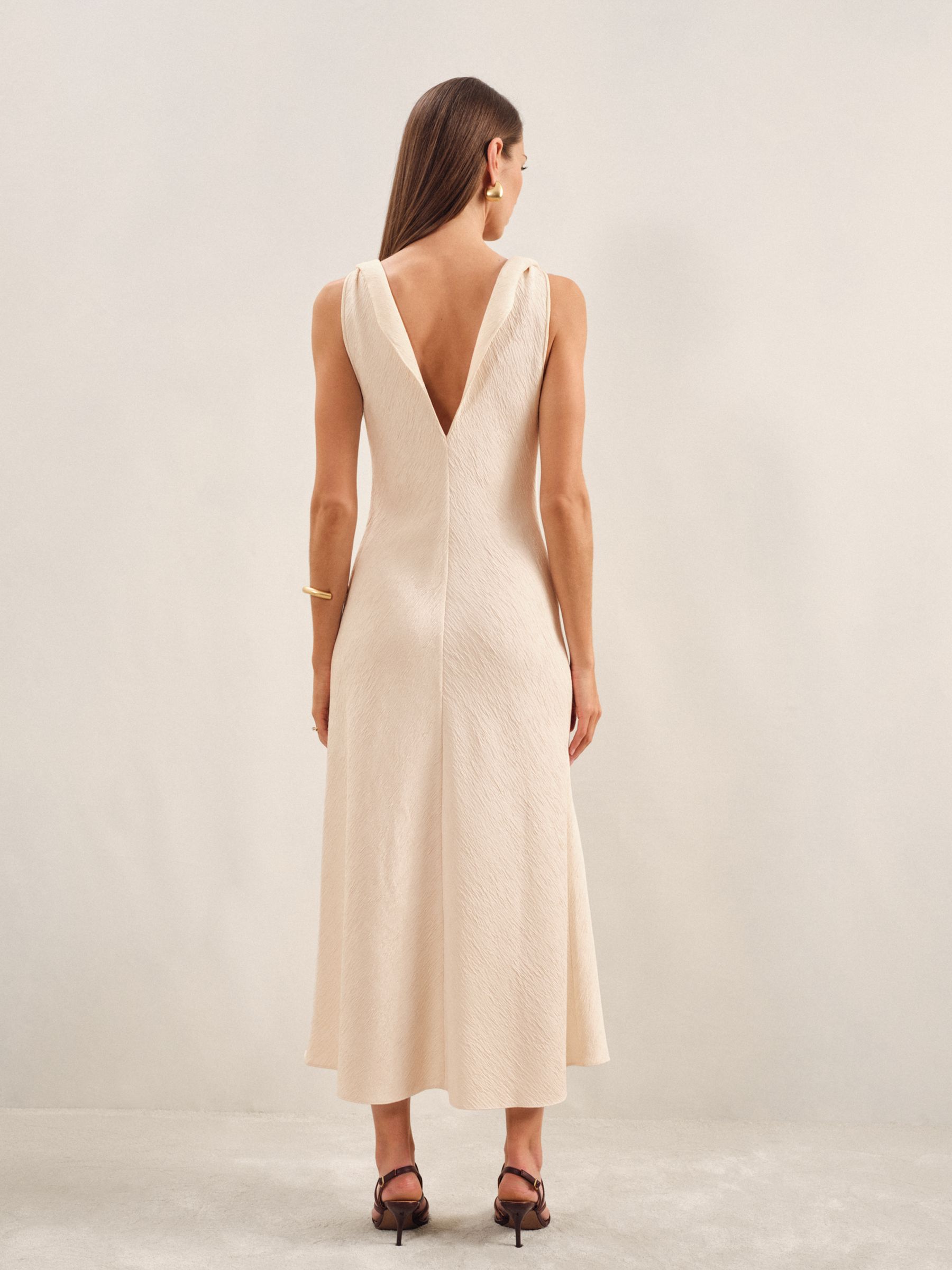 Textured Drape-Neck Midi Dress in Cream