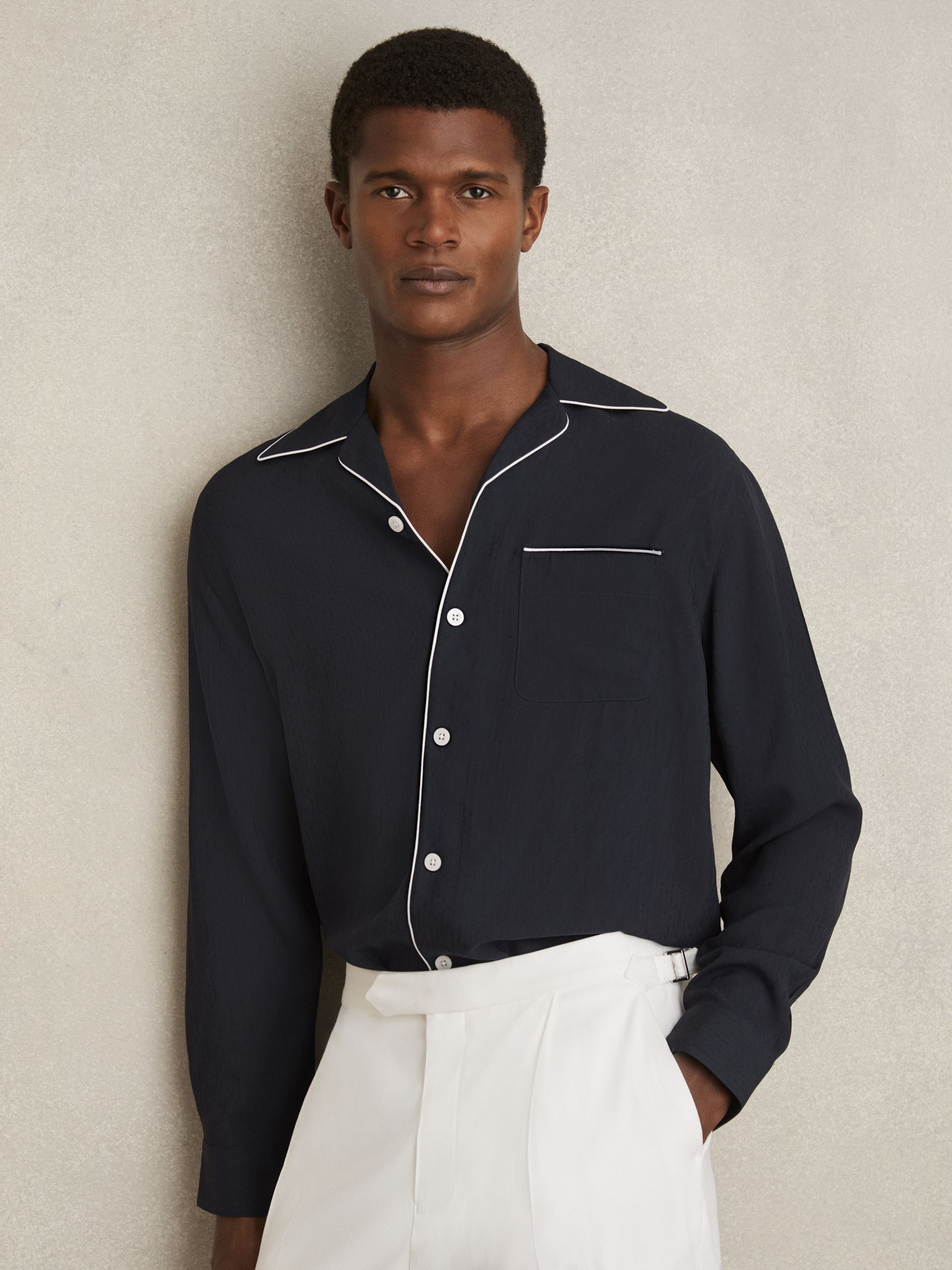 Cuban Collar Shirt with Piping Detail Shirt in Navy