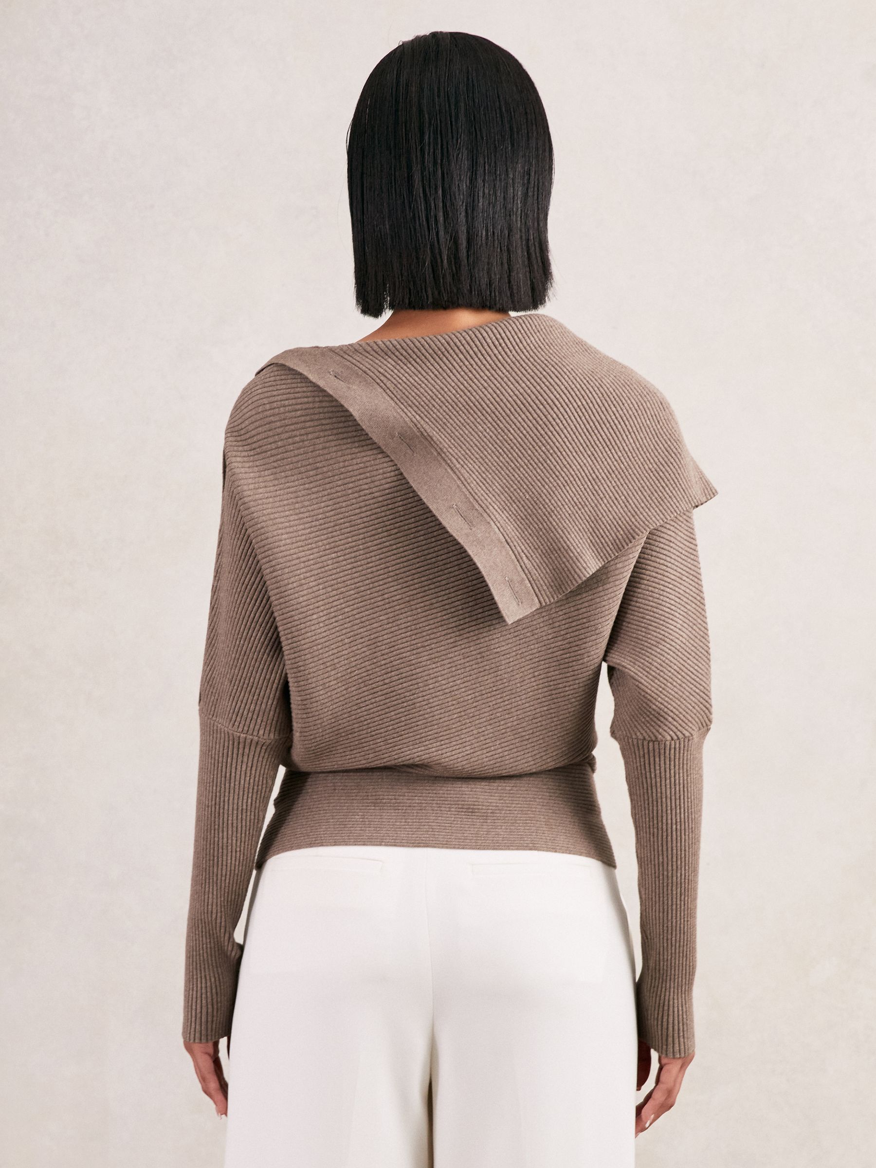 Rib-Knit Button Shawl Jumper in Taupe