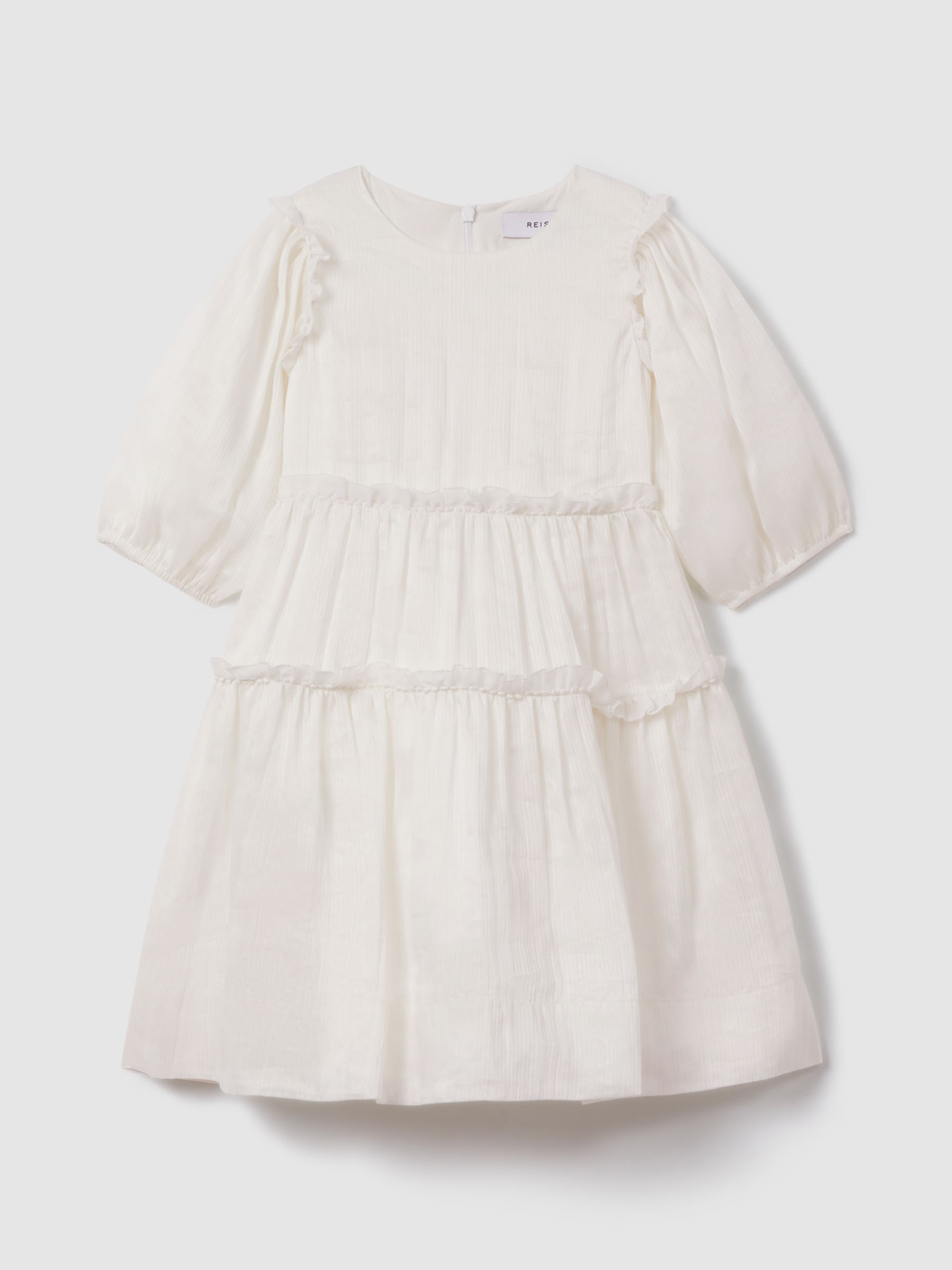 13-14 yrs Tiered Linen Blend Puff Sleeve Dress in Ivory