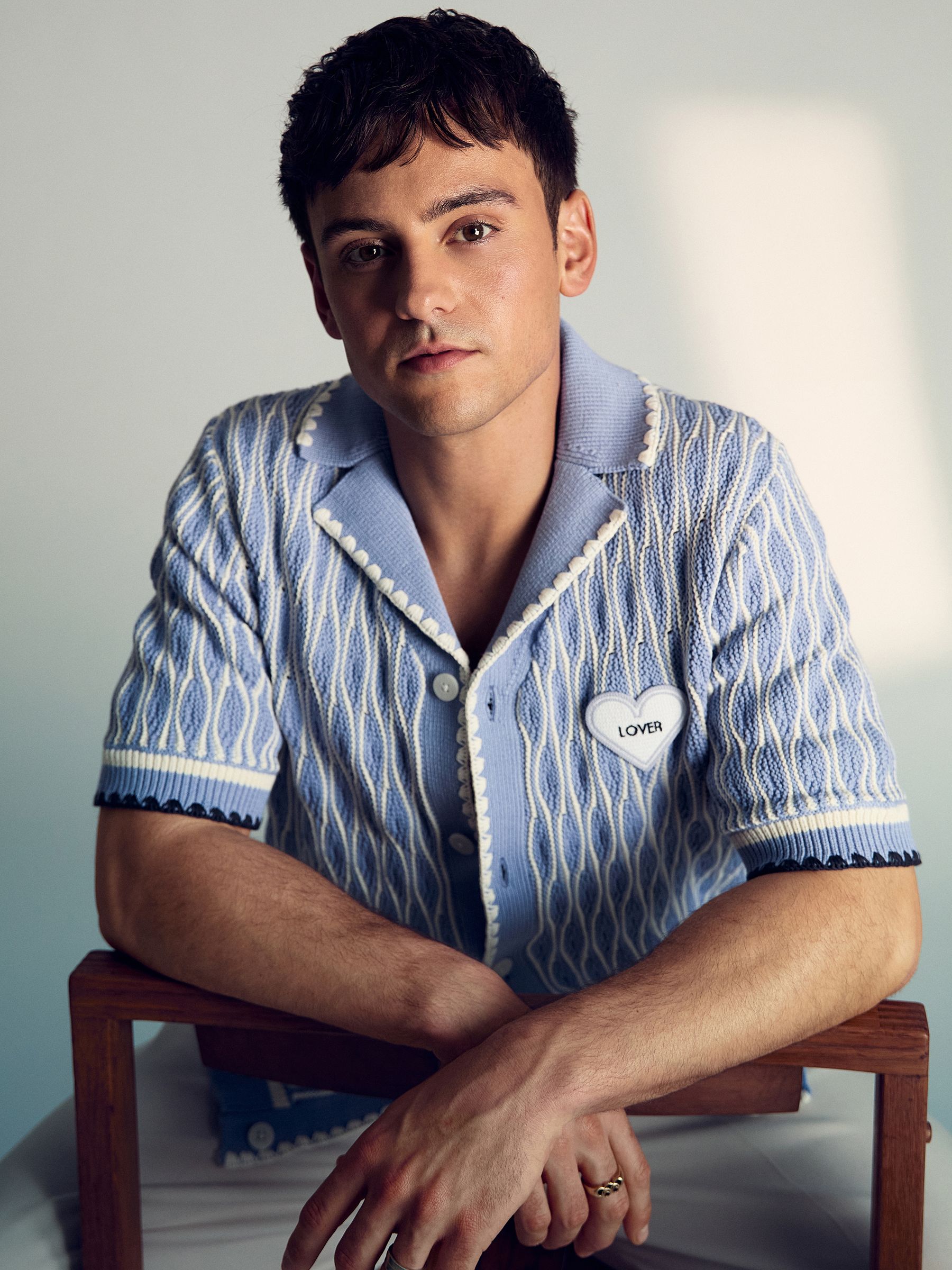Tom Daley Wave-Knit Shirt in Soft Blue/White