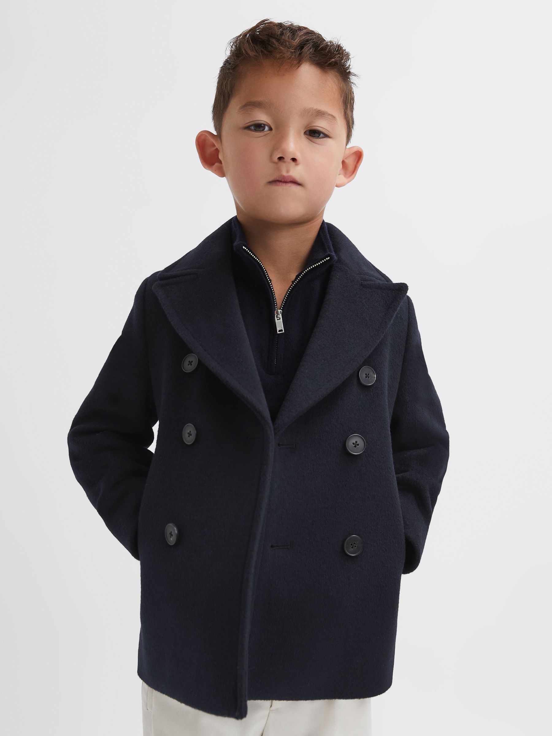 4-9 yrs Wool Blend Twill Double Breasted Coat in Navy