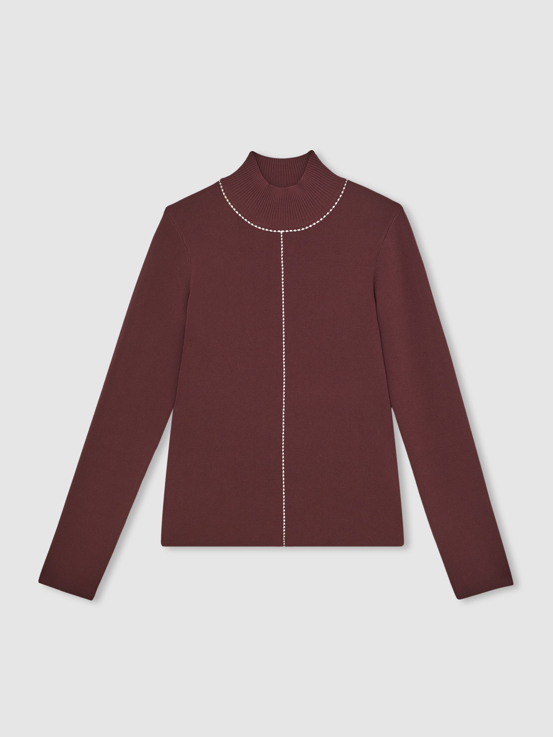 Stitch-Detail Funnel-Neck Jumper in Burgundy/Camel