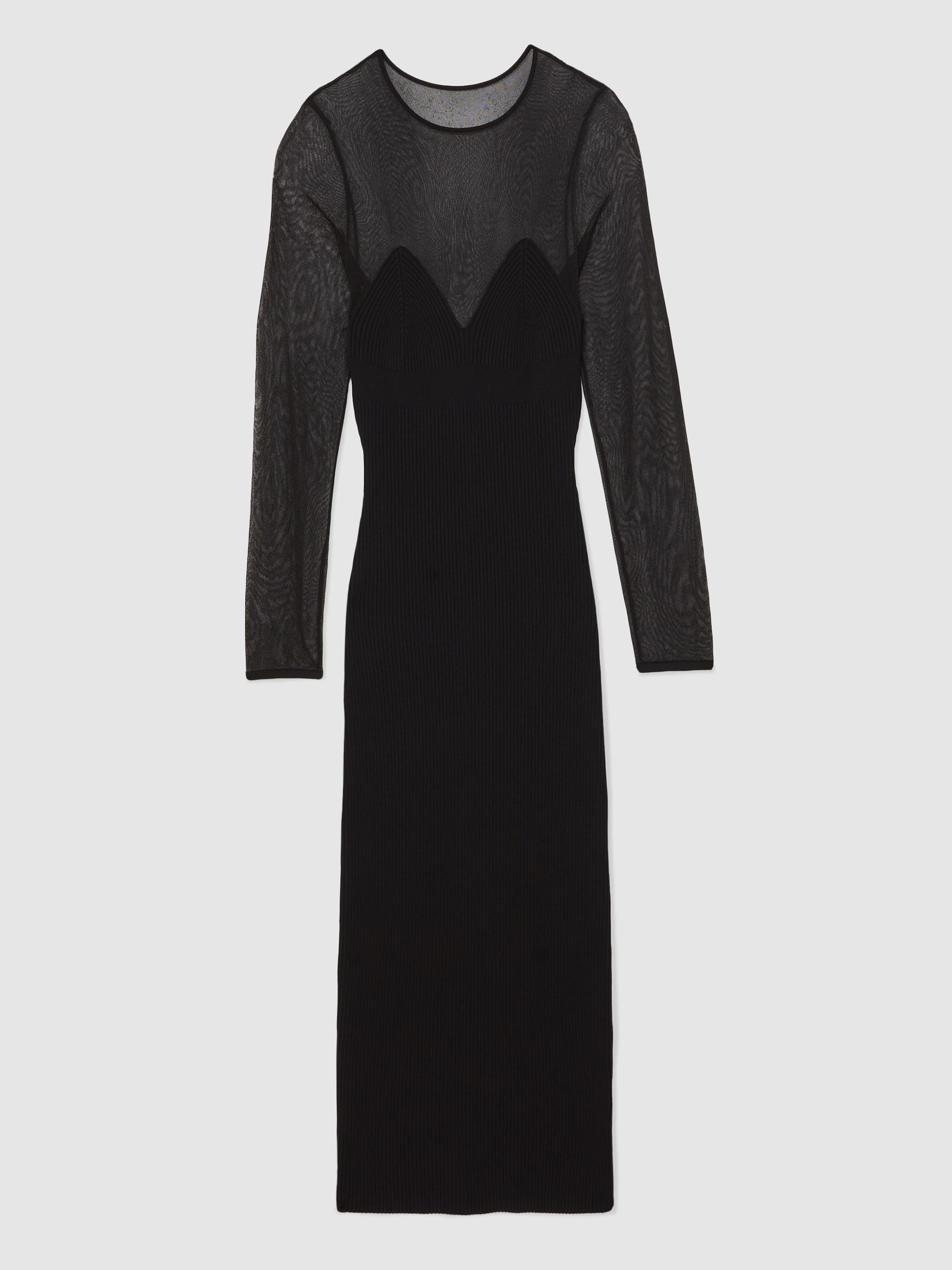 Mesh Rib-Knit Sweetheart Midi Dress in Black