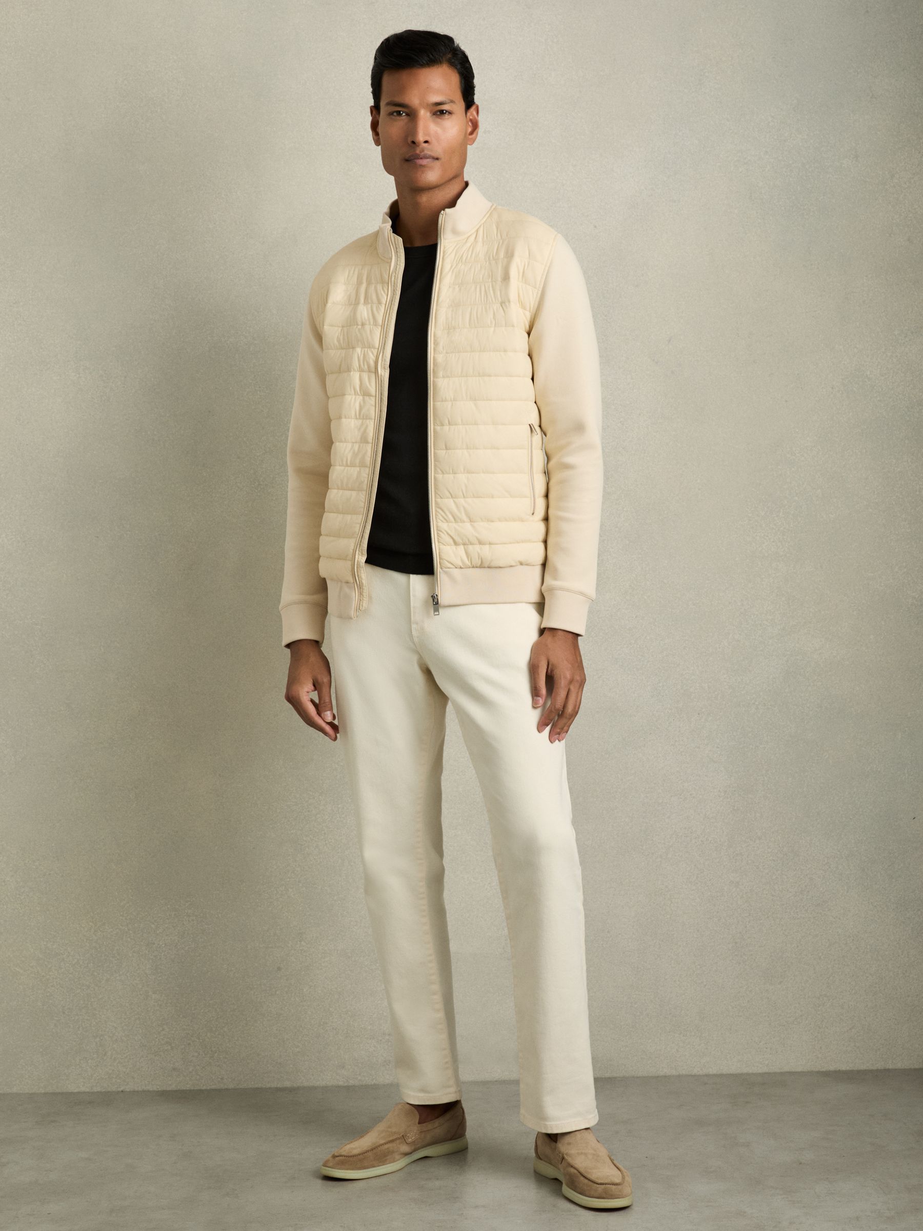 Hybrid Quilt and Knit Zip-Through Jacket in Light Stone