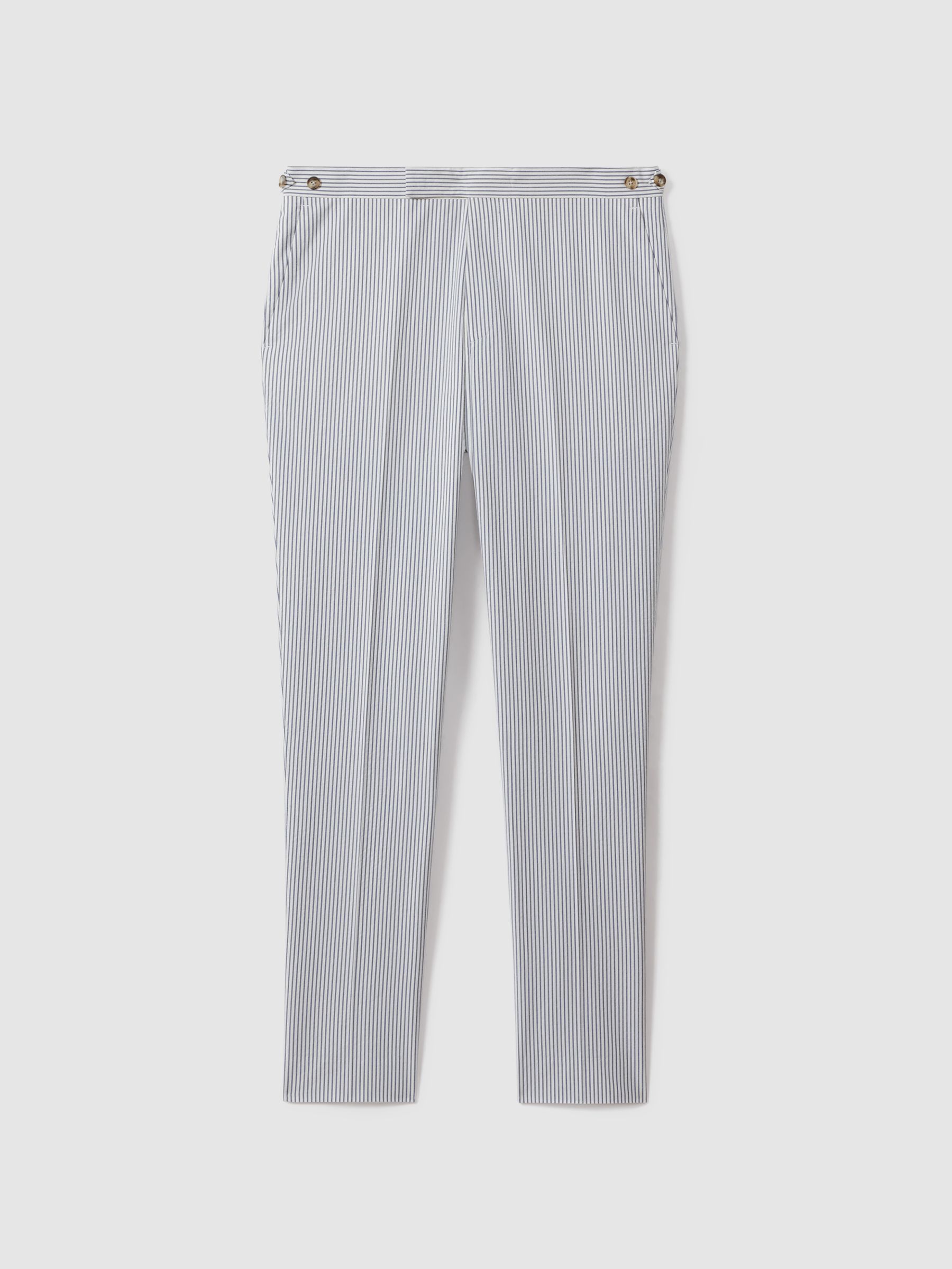 Barr Soft Blue/White Cotton Seersucker Adjuster Slim Fit Trousers