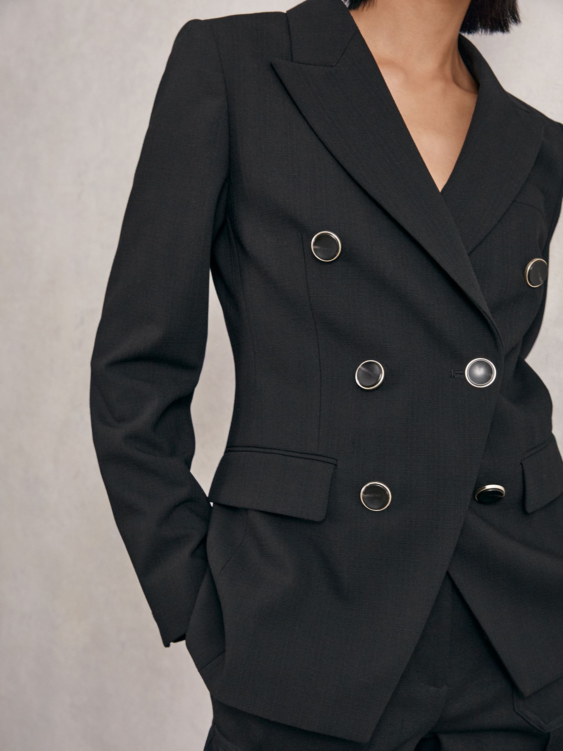 Petite Wool-Blend Double-Breasted Blazer in Black