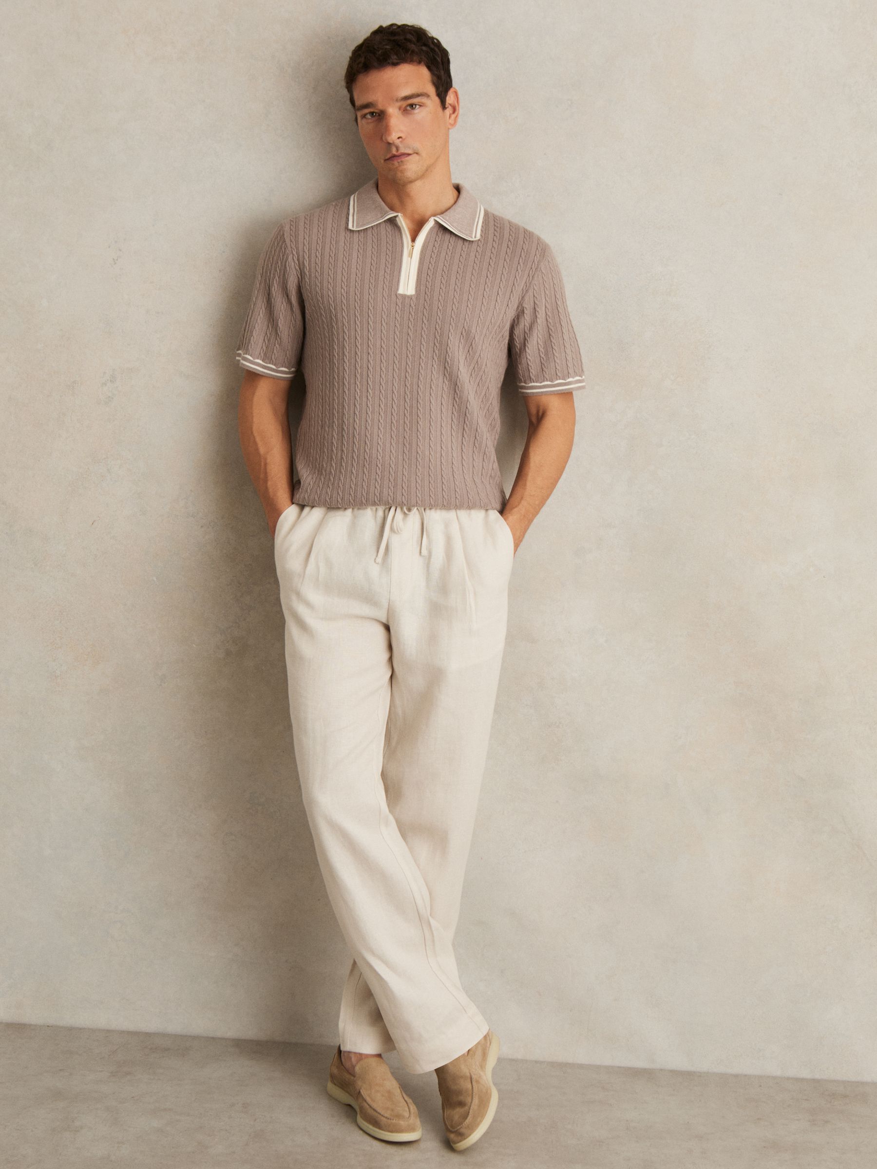 Micro-Cable Half-Zip Polo Shirt in Light Taupe Brown