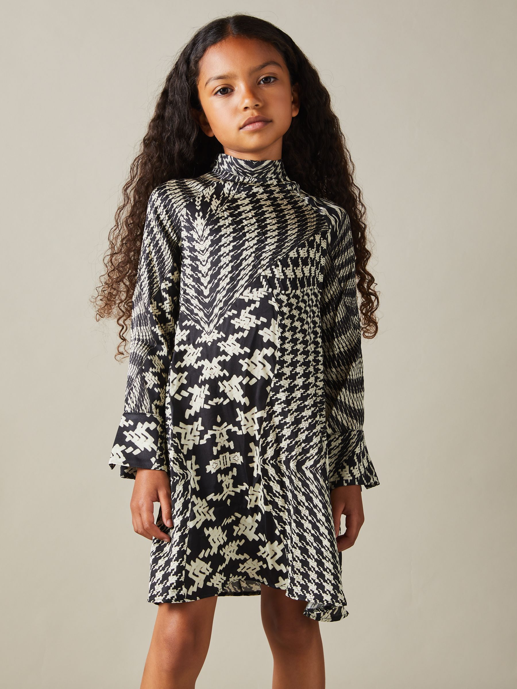 9-13 yrs Dogtooth Flared Hem Dress in Black/Cream