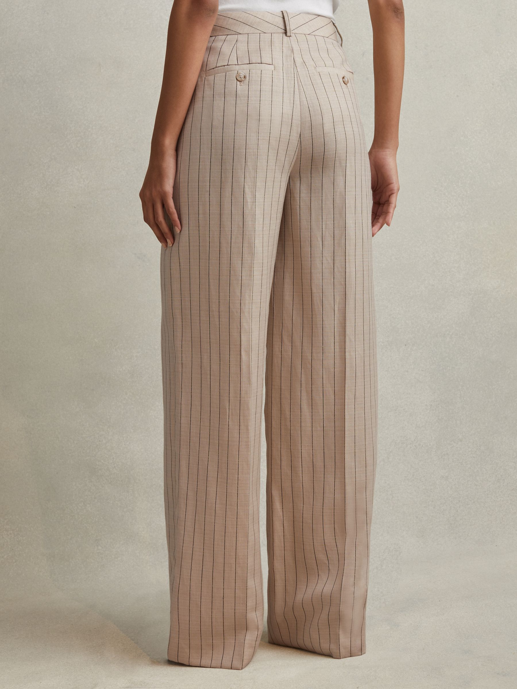 Wool Blend Striped Wide Leg Trousers in Neutral