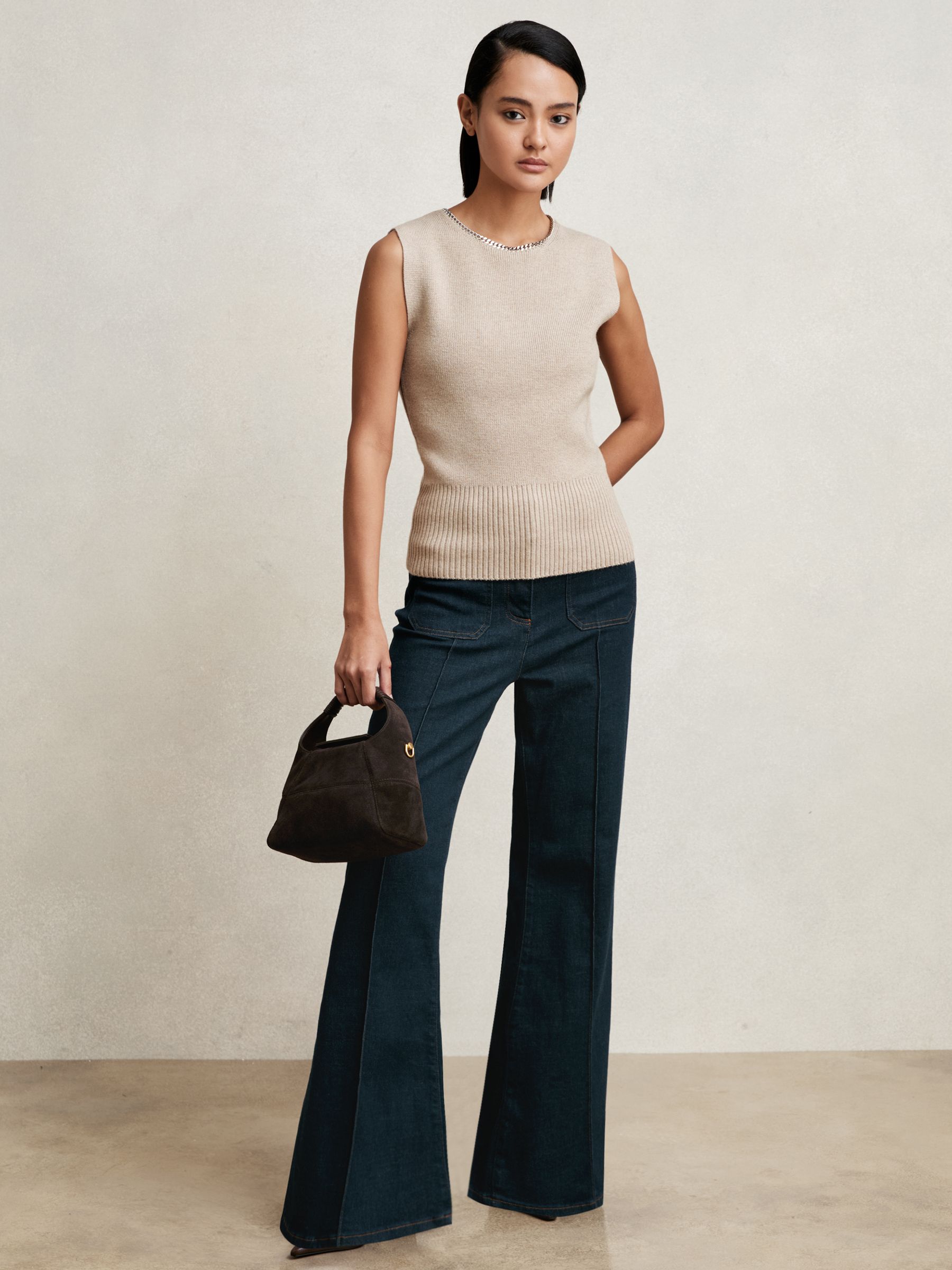 Wool-Blend Necklace-Trim Knitted Vest in Neutral