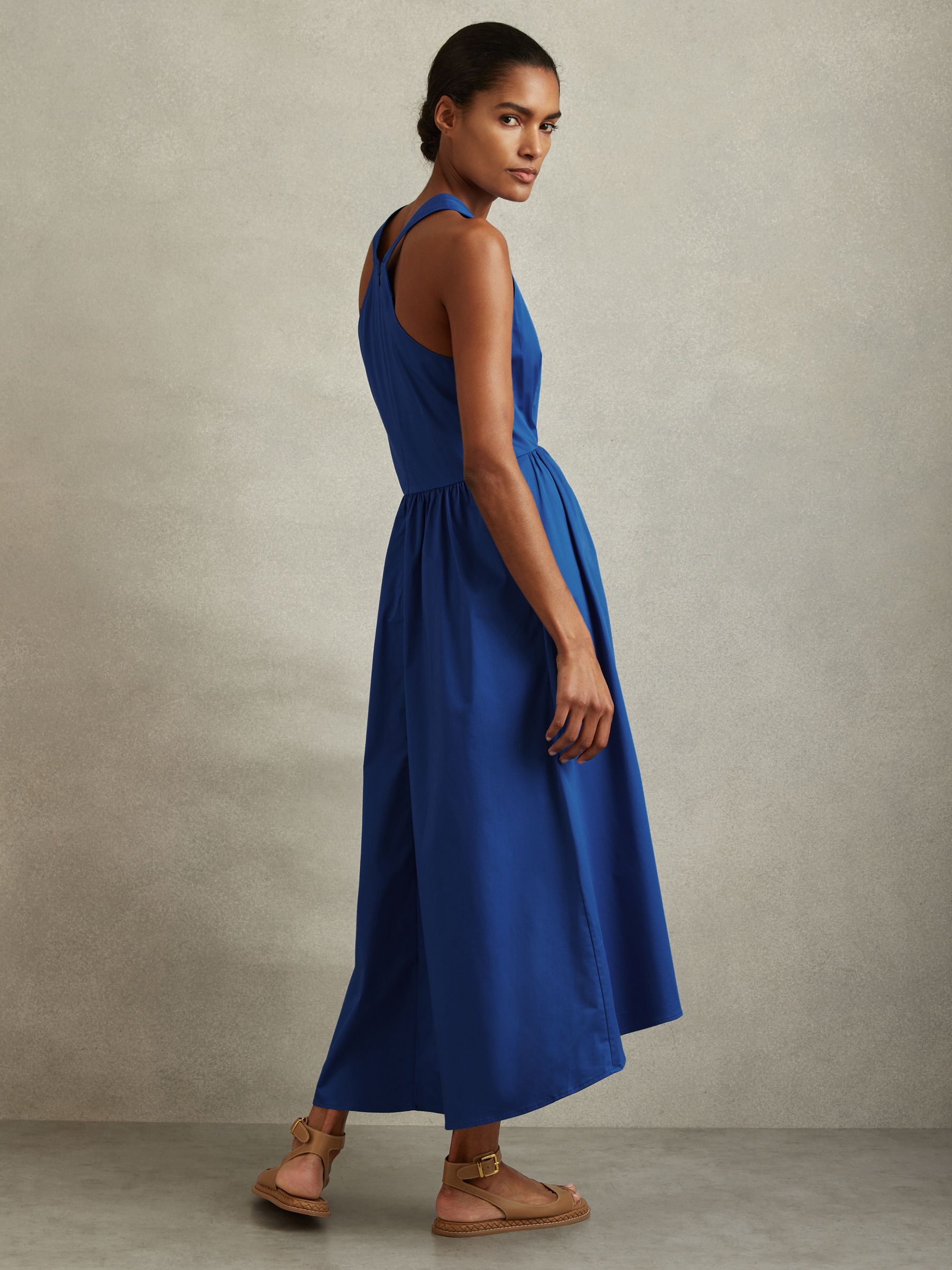 Cotton Blend High-Low Midi Dress in Cobalt Blue