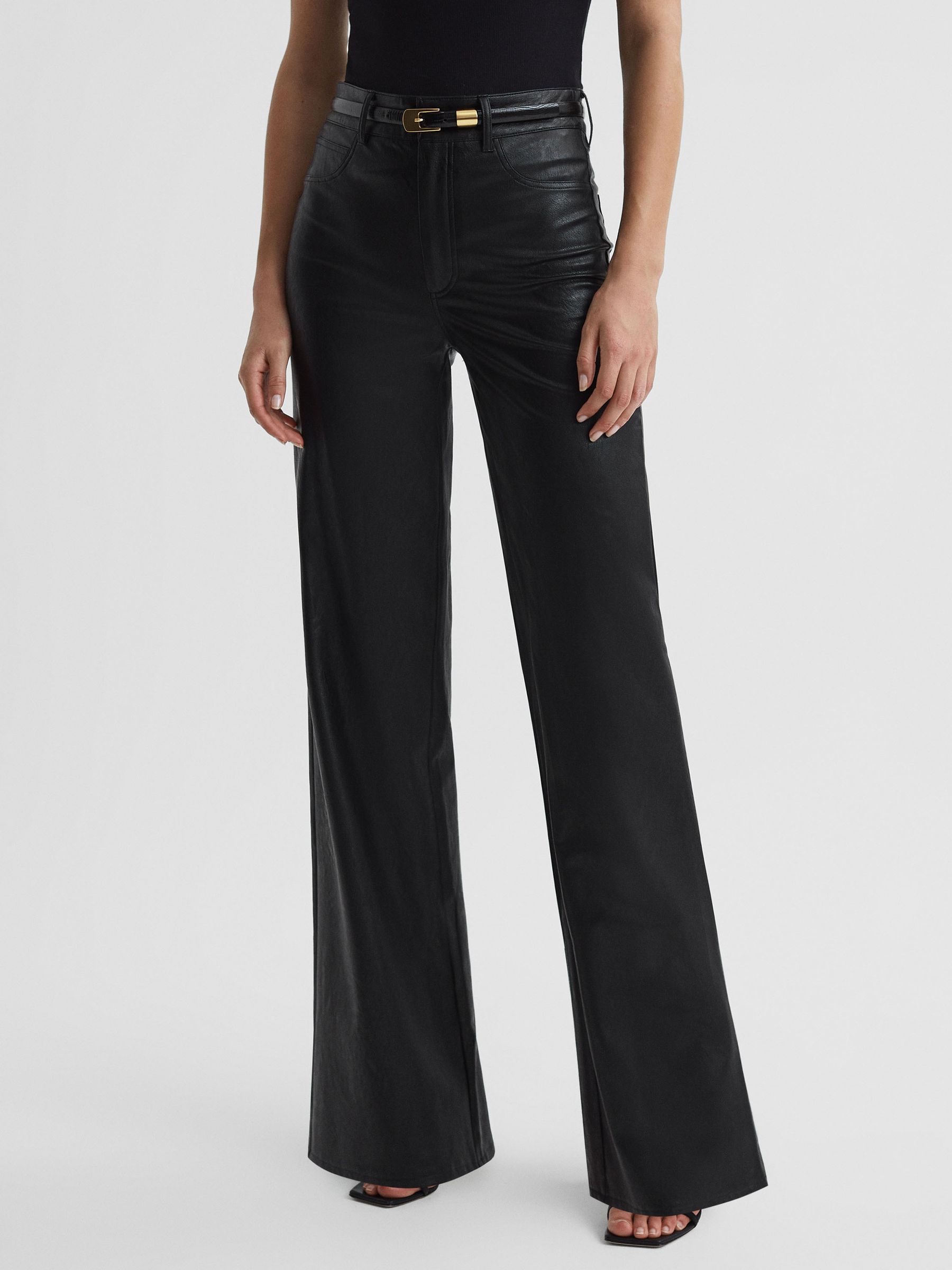 Paige High Rise Leather-Look Wide Leg Jeans in Black