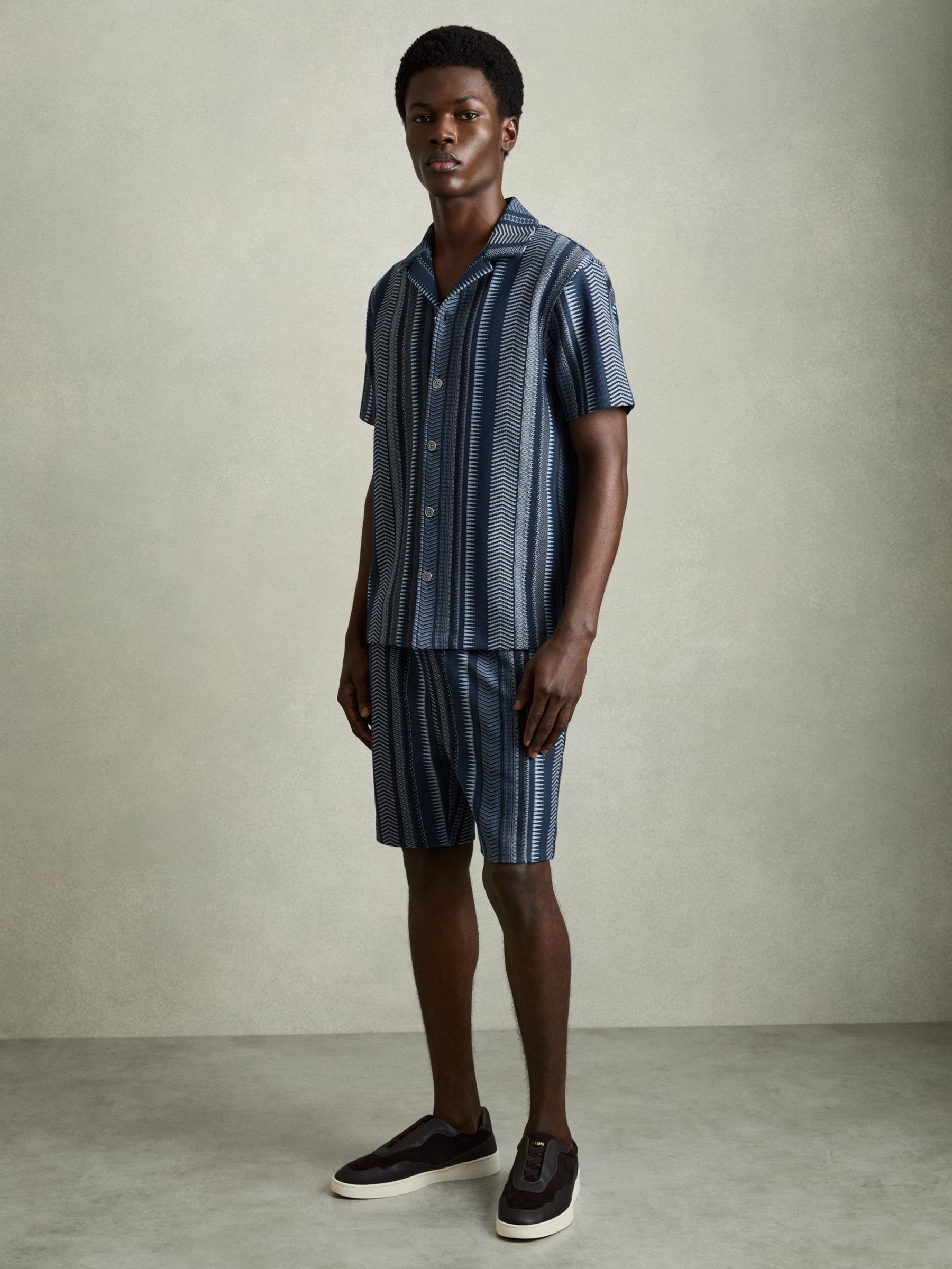 Aztec-Stripe Cuban-Collar Shirt in Navy