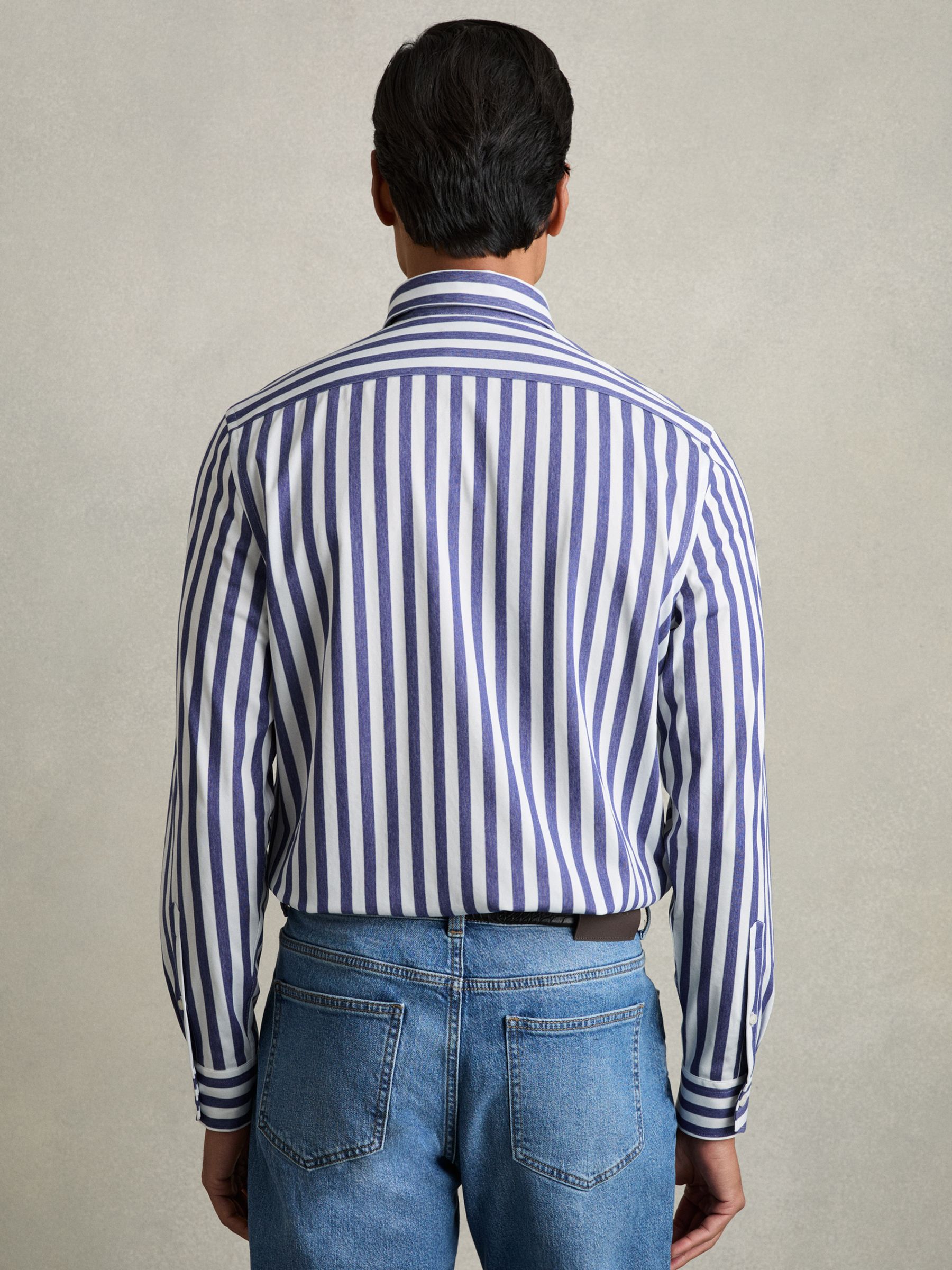 Striped Jersey Button-Down Shirt With Cotton in Blue Stripe