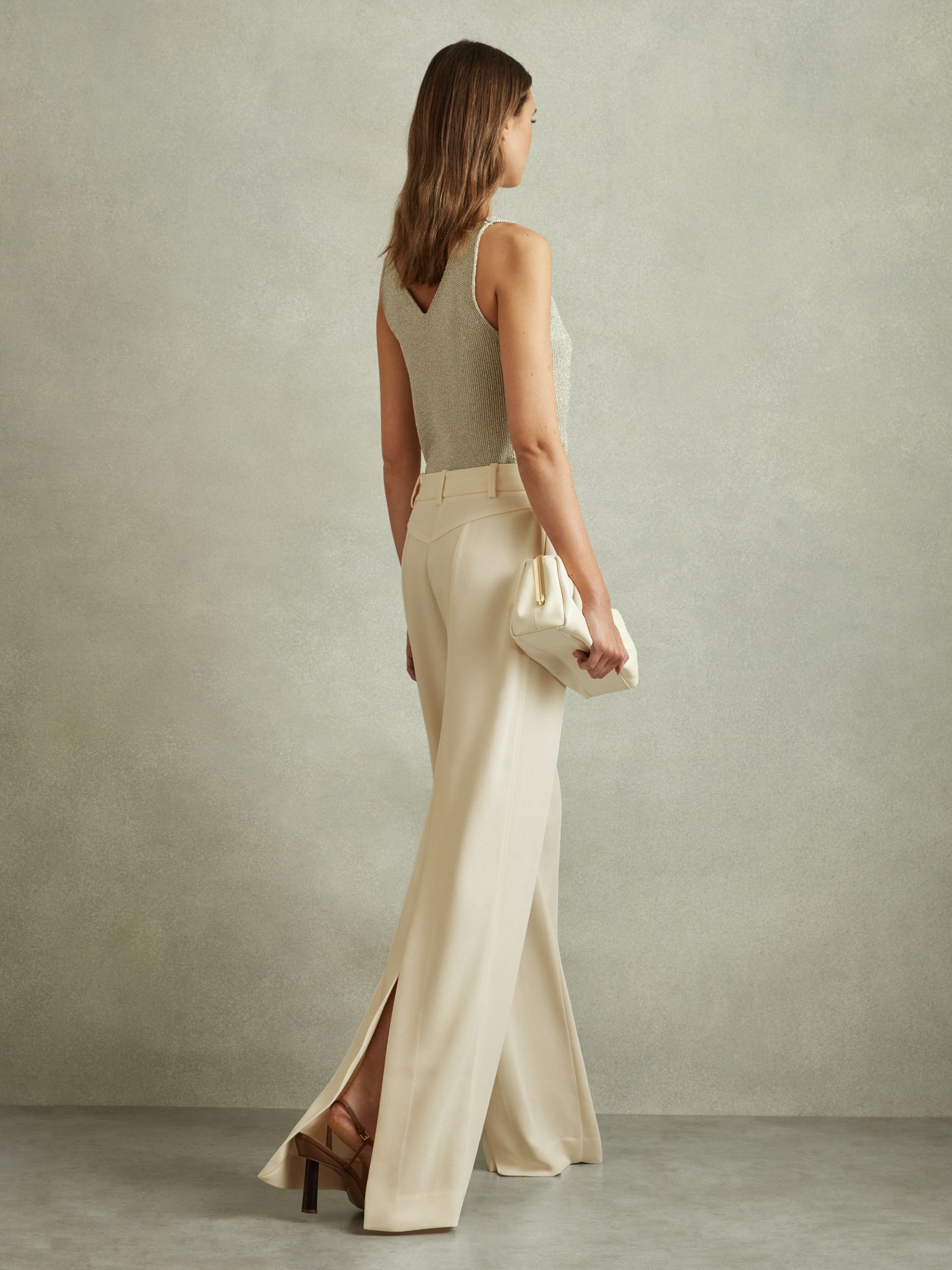 Wide Leg Split Hem Trousers in Cream