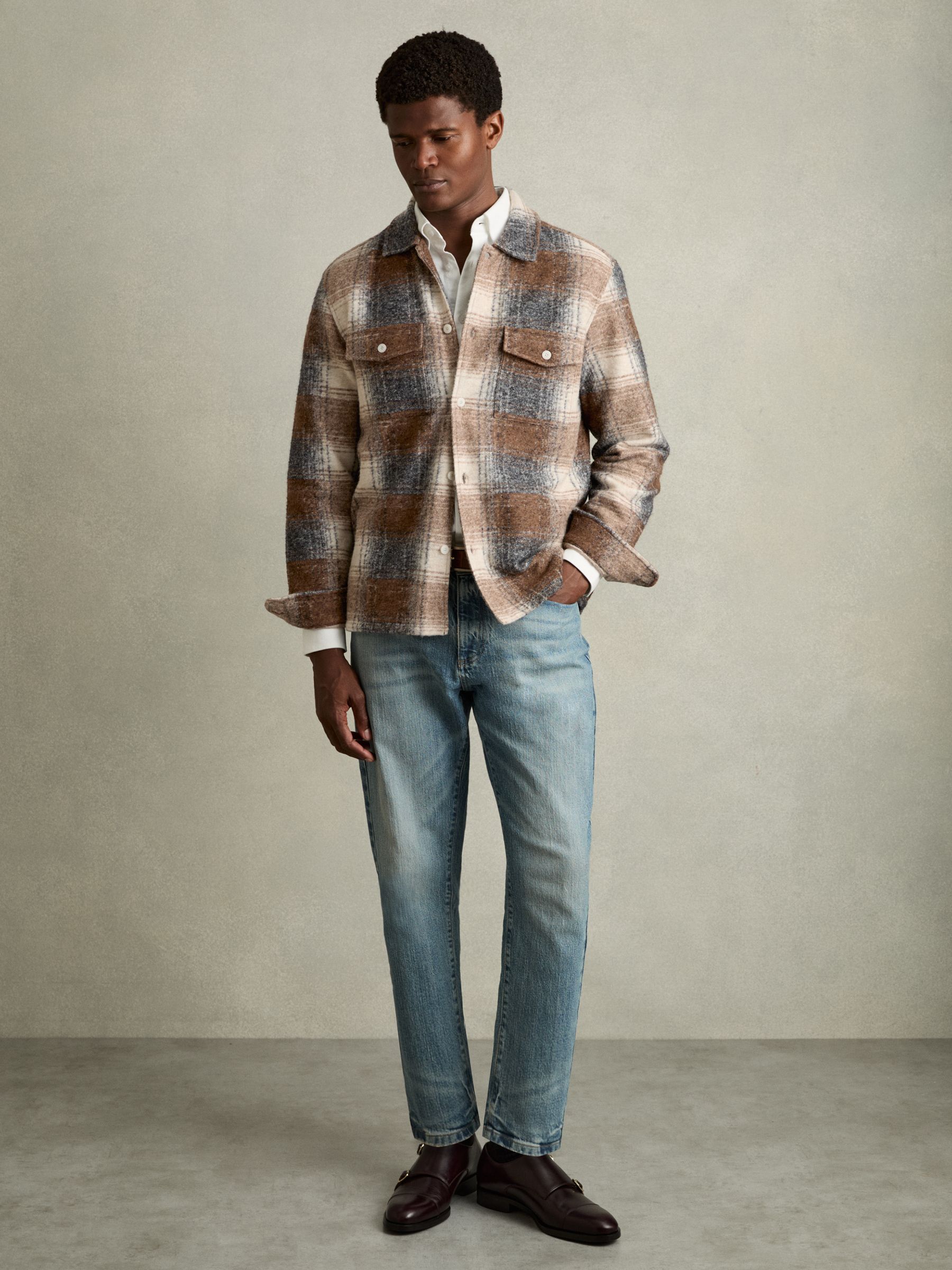 Brushed Check Fleece-Lined Overshirt in Brown
