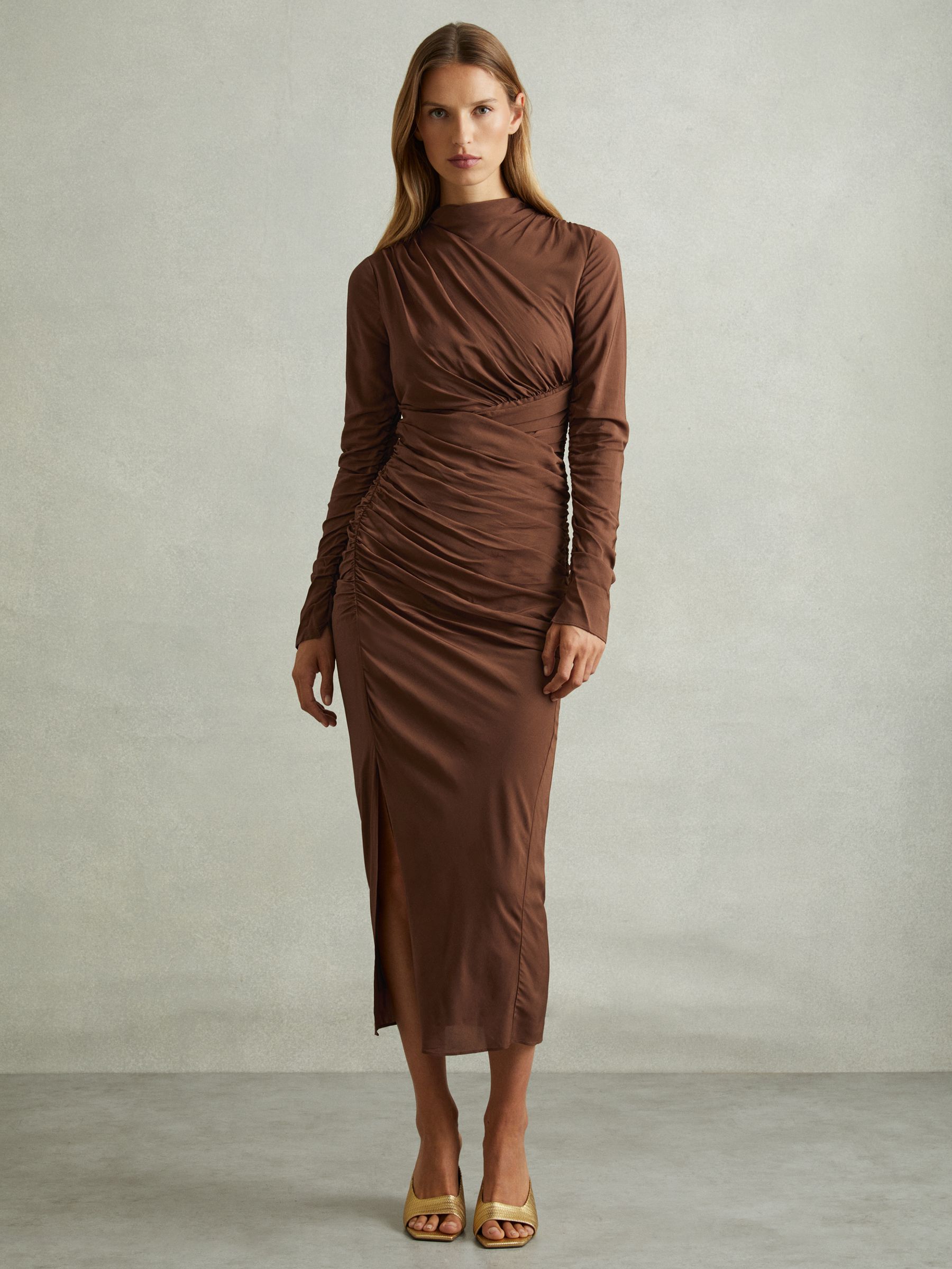 Kelly Chocolate Jersey Ruched Midi Dress